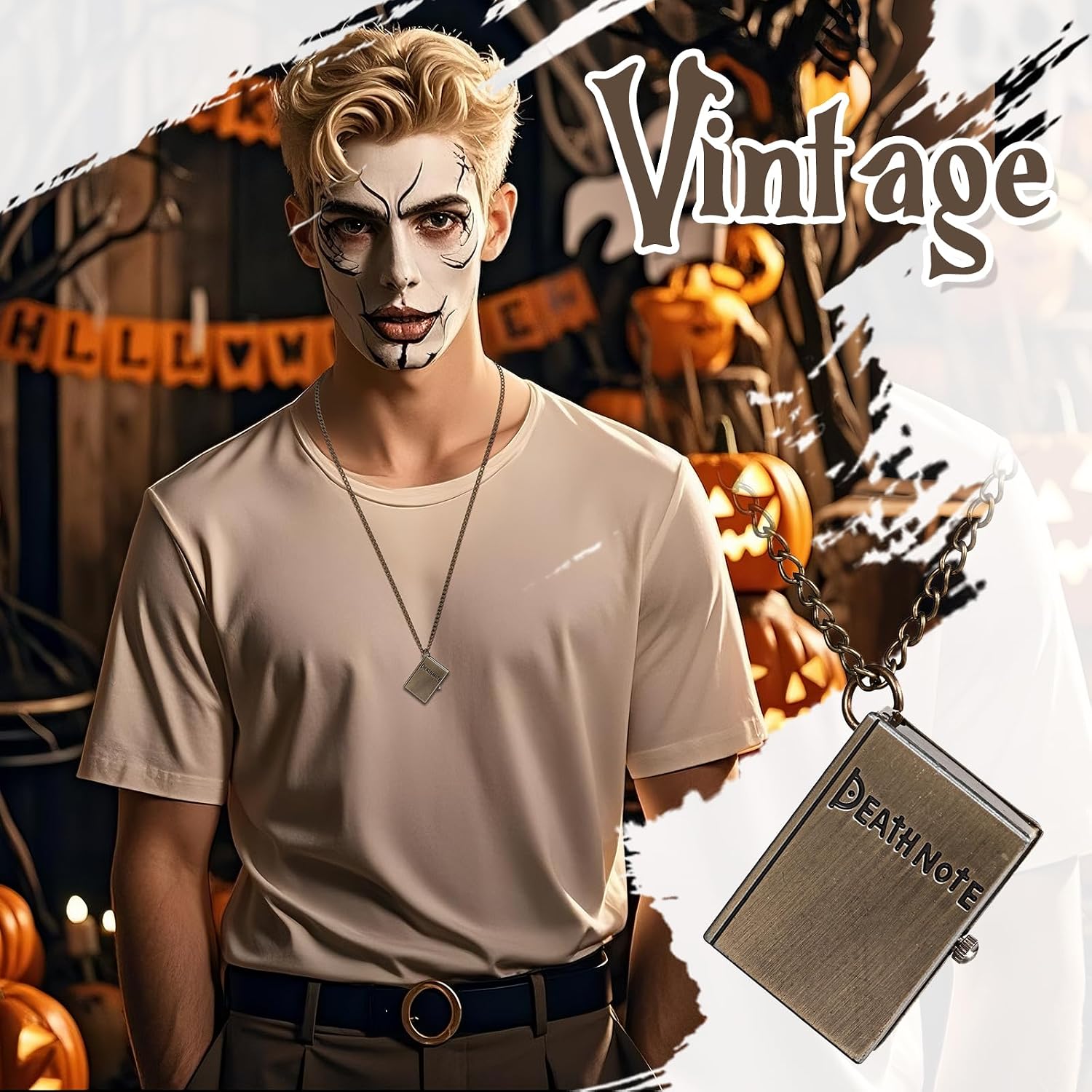 JewelryWe Pocket Watches for Men: Vintage Death Note Bronze Skull Dial Quartz Halloween Notebook Locket Pendant Square Case Unisex Necklace Watch for Father's Day
