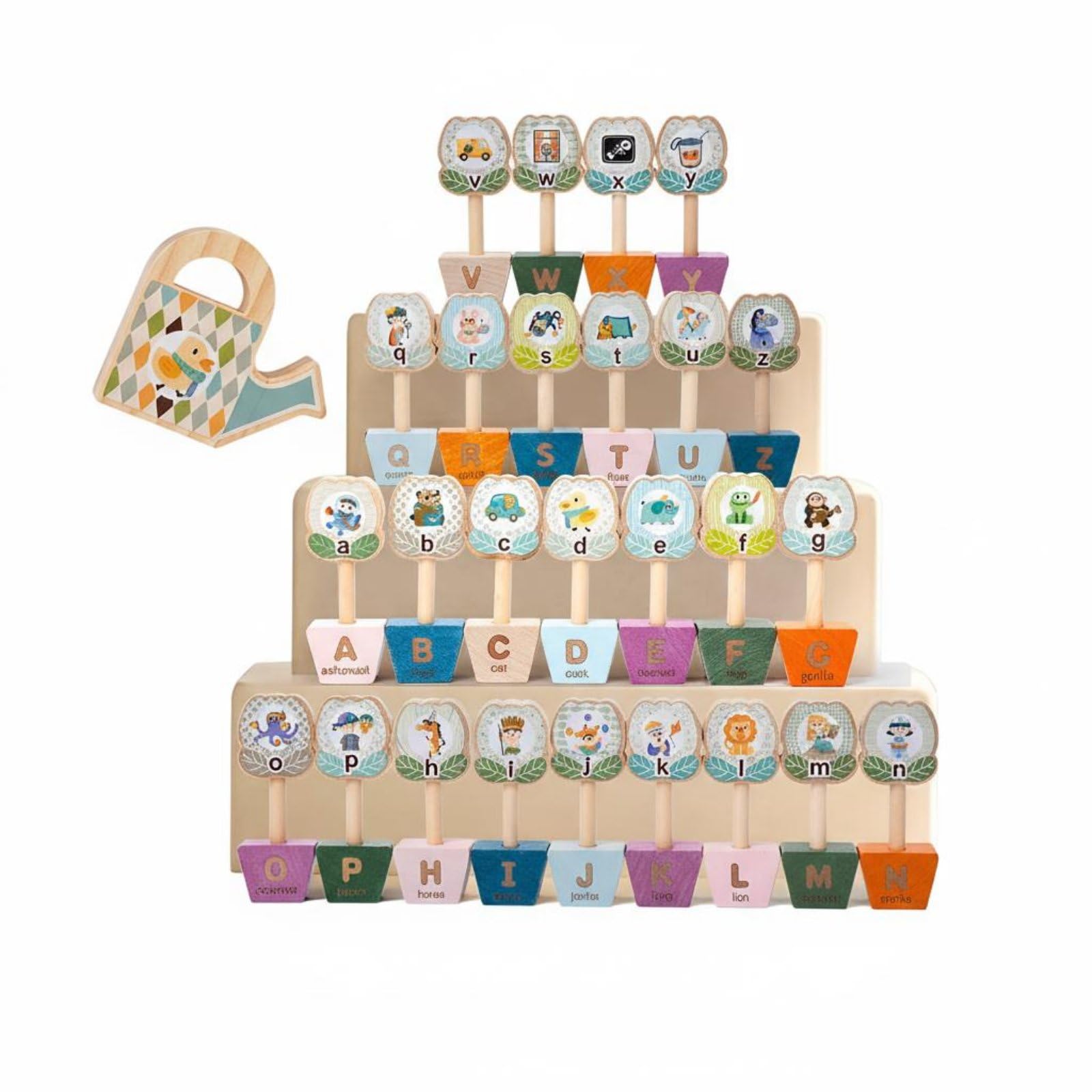 Jouet Éducatif Alphabet Enfant Lettres Majuscules Minuscules Jeu Reconnaissance Mots Images Bloc Tri Fleurs Pot Bois Activité Sensorielle Motricité