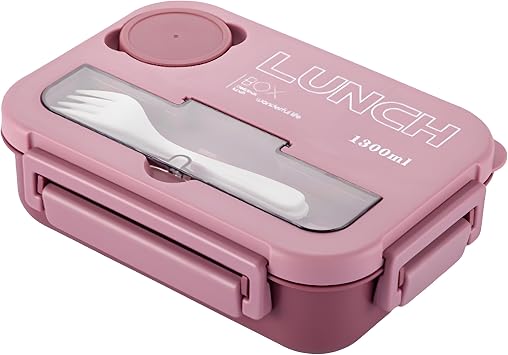 Lunch Box, 1300ML Bento Boxes with Salad Dressing Containers for Kids Adult, Leak-Proof Lunch Box with Compartments for School Kindergarten Office Travel, Microwaveable Safe Pink