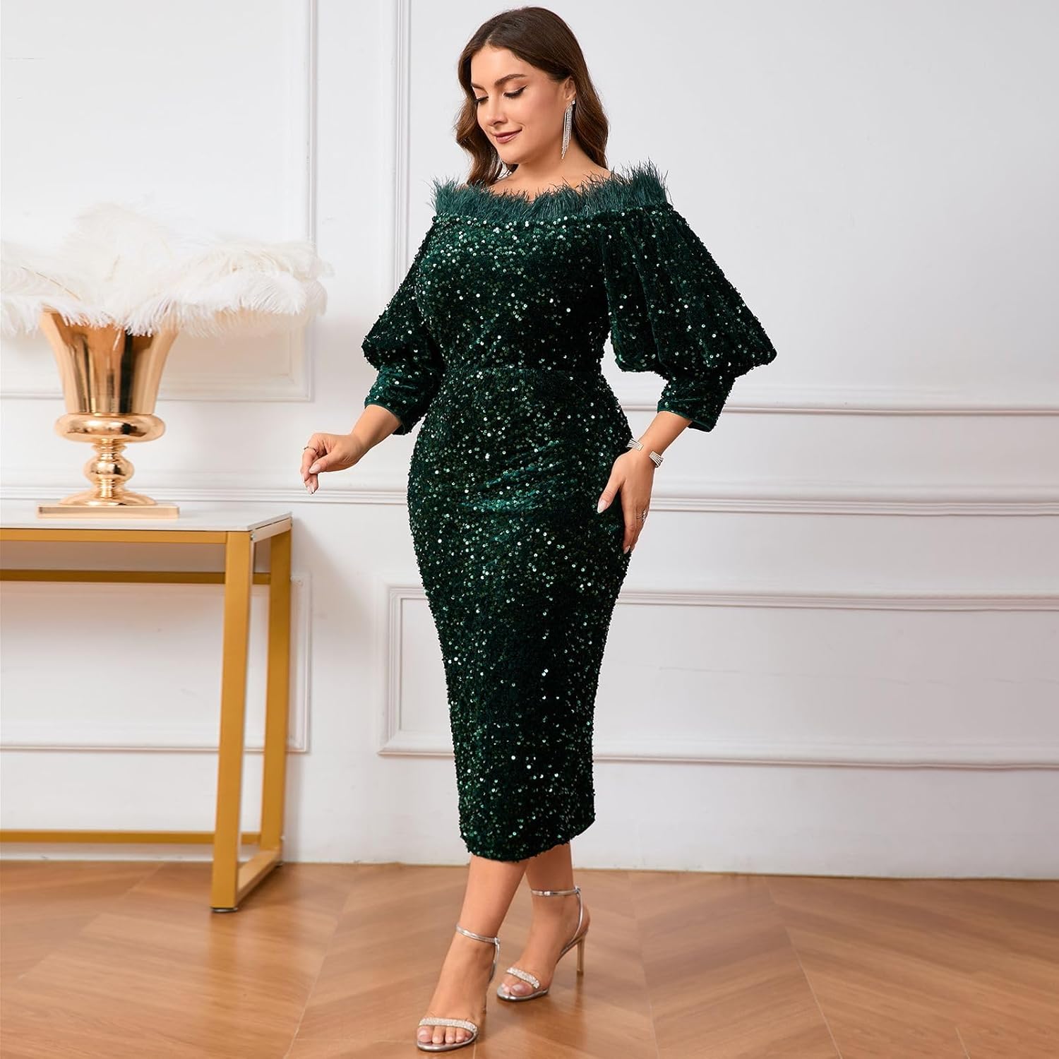 Women Sexy Sequin Off The Shoulder Puff 3/4 Sleeve Bodycon Dress Formal Party Cocktail Evening Midi Dress - Image 2
