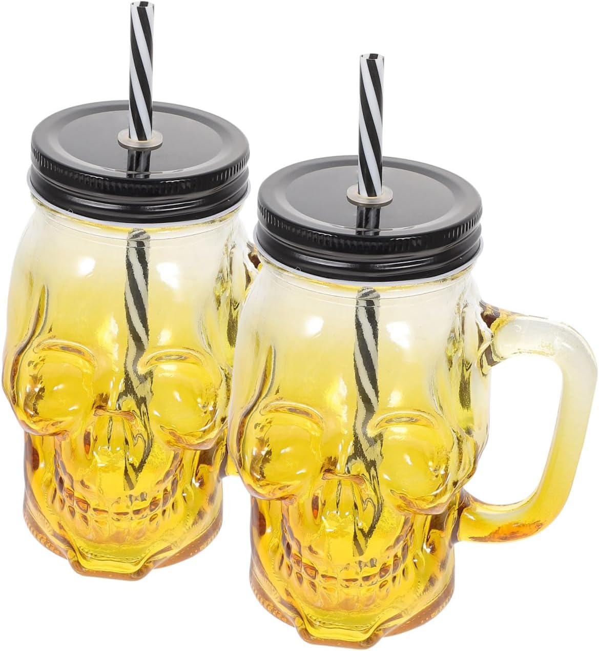 SECFOU Halloween Skull Glass Beer Mugs 500ml Gradient Color Glassware with Handle and Lid, 2pcs Set for Party and Halloween Beverage Decoration Random Color