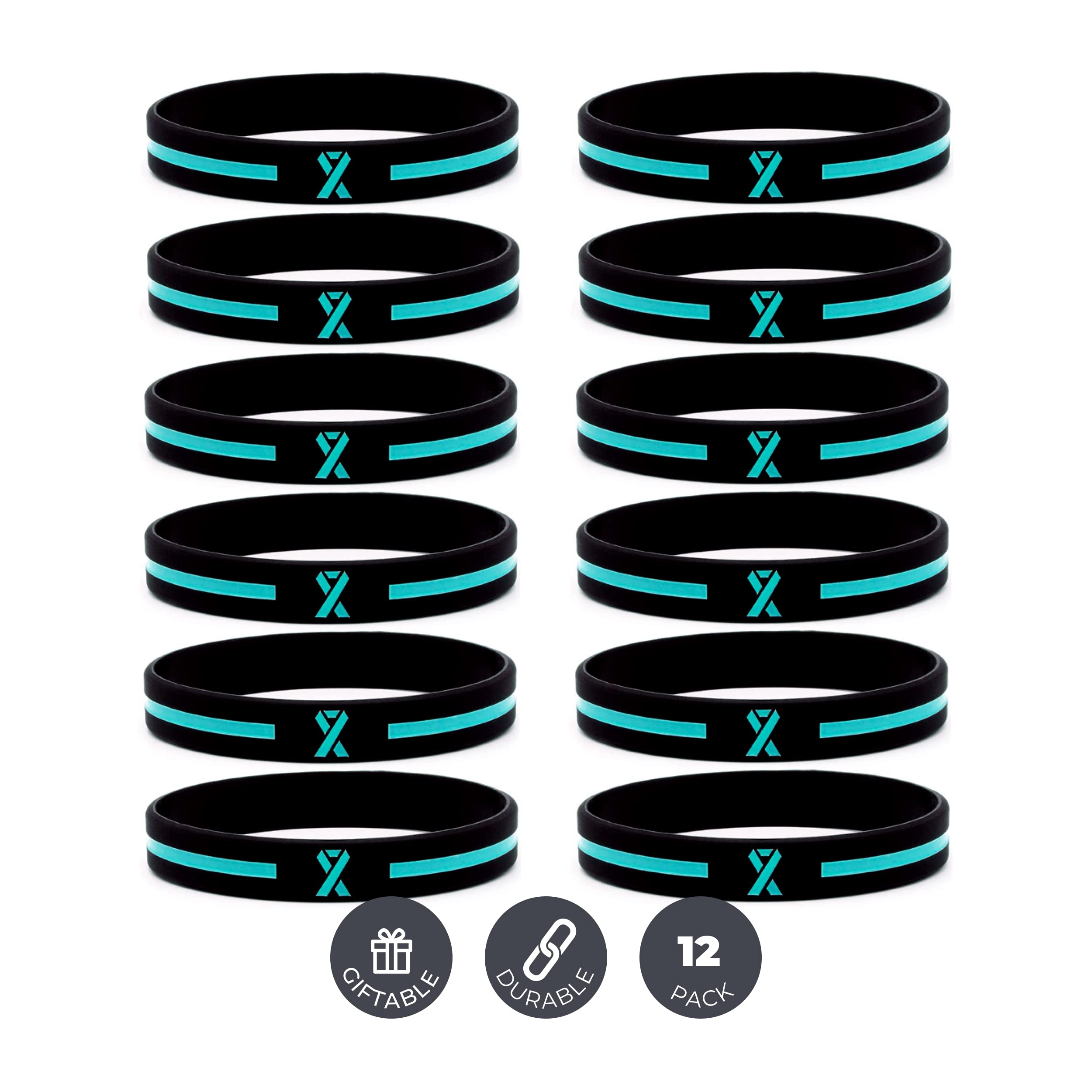 Photo 1 of Inkstone Teal Awareness Ribbon Silicone Bracelets (12-Pack) - Wholesale Pack of 1 Dozen Unisex Wristbands for Men Women