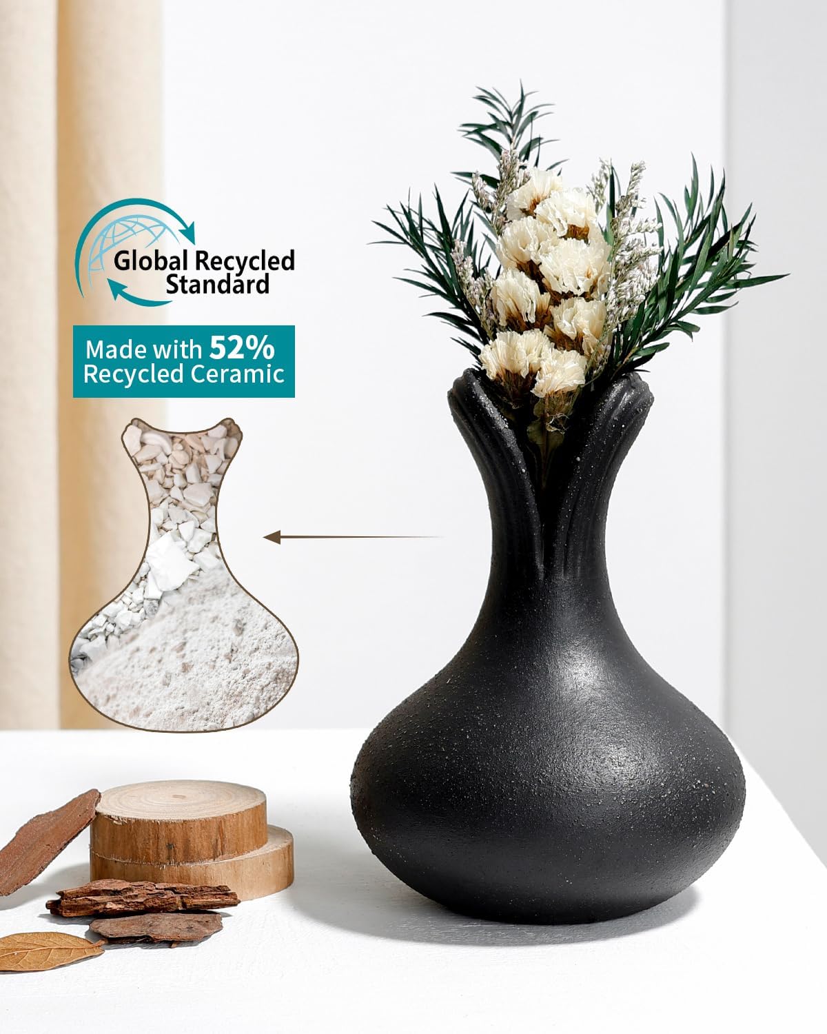 BosilunLife Flower Vase, 5 Inch Ceramic Vase for Flowers, Vase for Centerpiece, Small Vase, Rustic, Farmhouse Style, Made of Recycled Ceramic (Black)