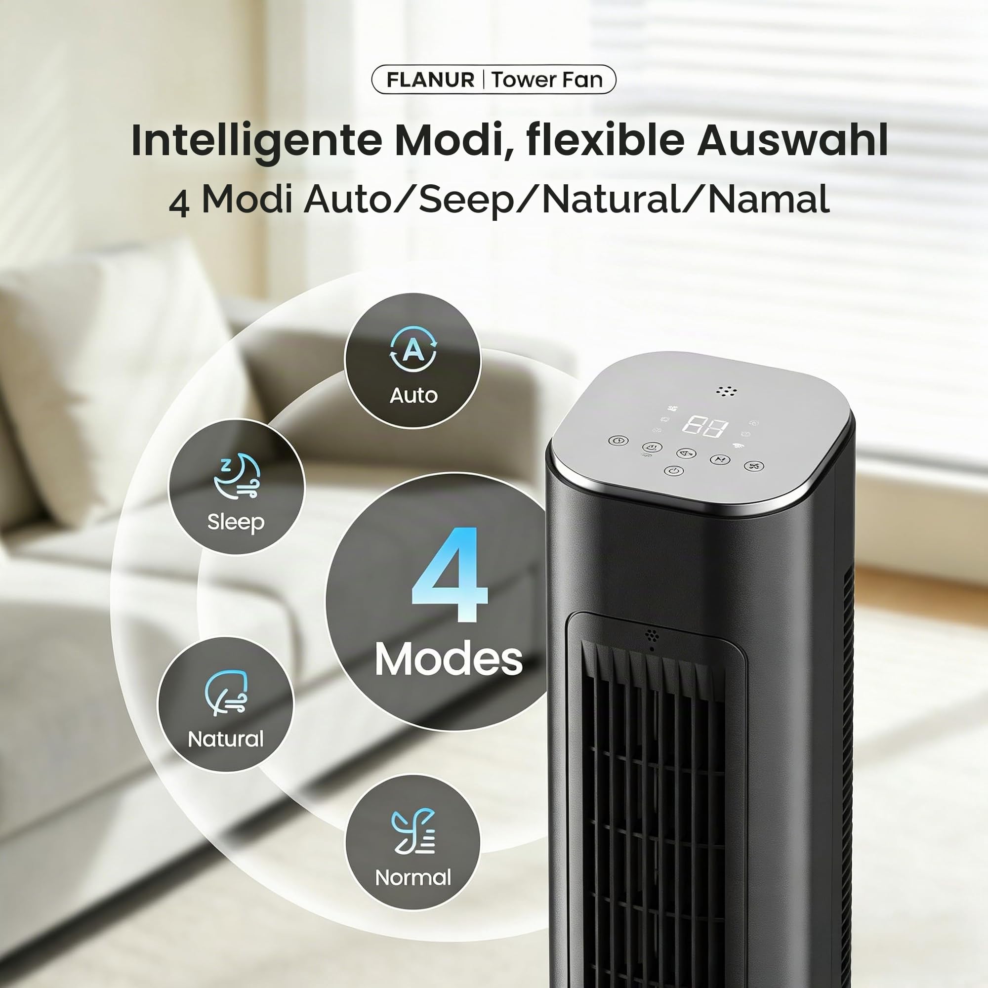 FLANUR Turmventilator, 23dB Ventilator Leise mit Kühlung,89cm WiFi Alexa Tower Fan mit Fernbedienung, 90° oszillierender Standventilator, 4 Geschwindigkeiten 12Std Timer, Schwarz, 1 Pack + 4 Modi