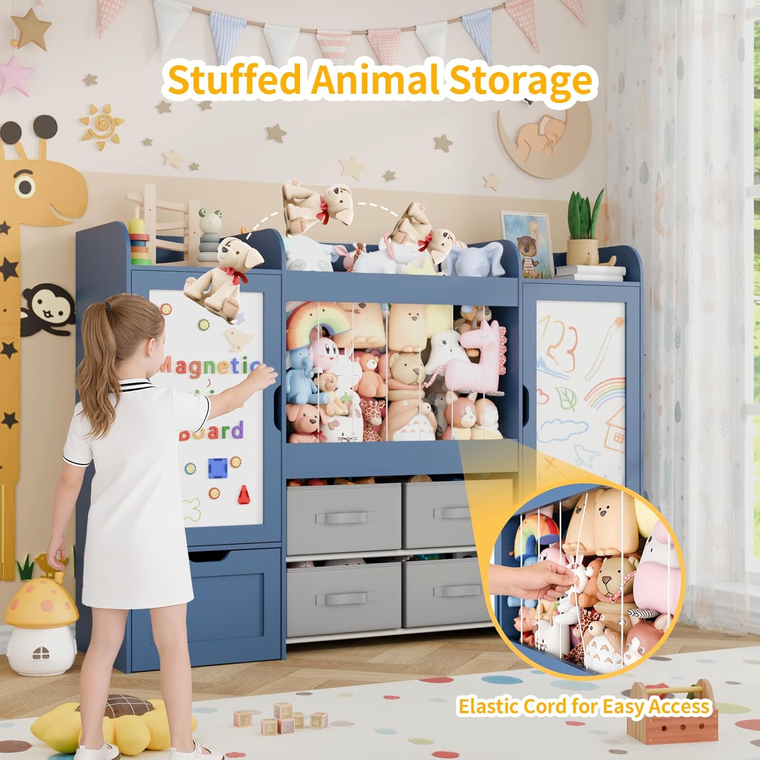 61"W Kids Toy Storage, Bookshelf with 2 Magnetic Draw Boards, Stuffed Animal Storage, 2 Rolling Drawers, 4 Fabric Bins, Large Kid Wooden Toddler Organizer for Playroom, Nursery, Bedroom(Blue)