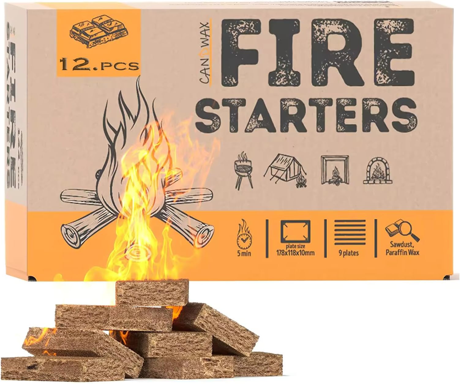 Natural Fire Starters for Fireplace, Campfires, Fire Pit, BBQ Grill, Wood Stove, All Weather Charcoal Starter, Firelighters & Odorless Fire Starter (12 Cube)