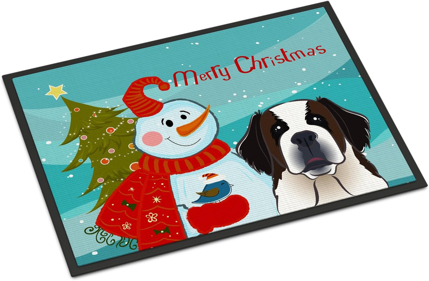 Caroline's Treasures BB1866MAT Snowman with Saint Bernard Doormat 18x27 Front Door Mat Indoor Outdoor Rugs for Entryway, Non Slip Washable Low Pile, 18H X 27W