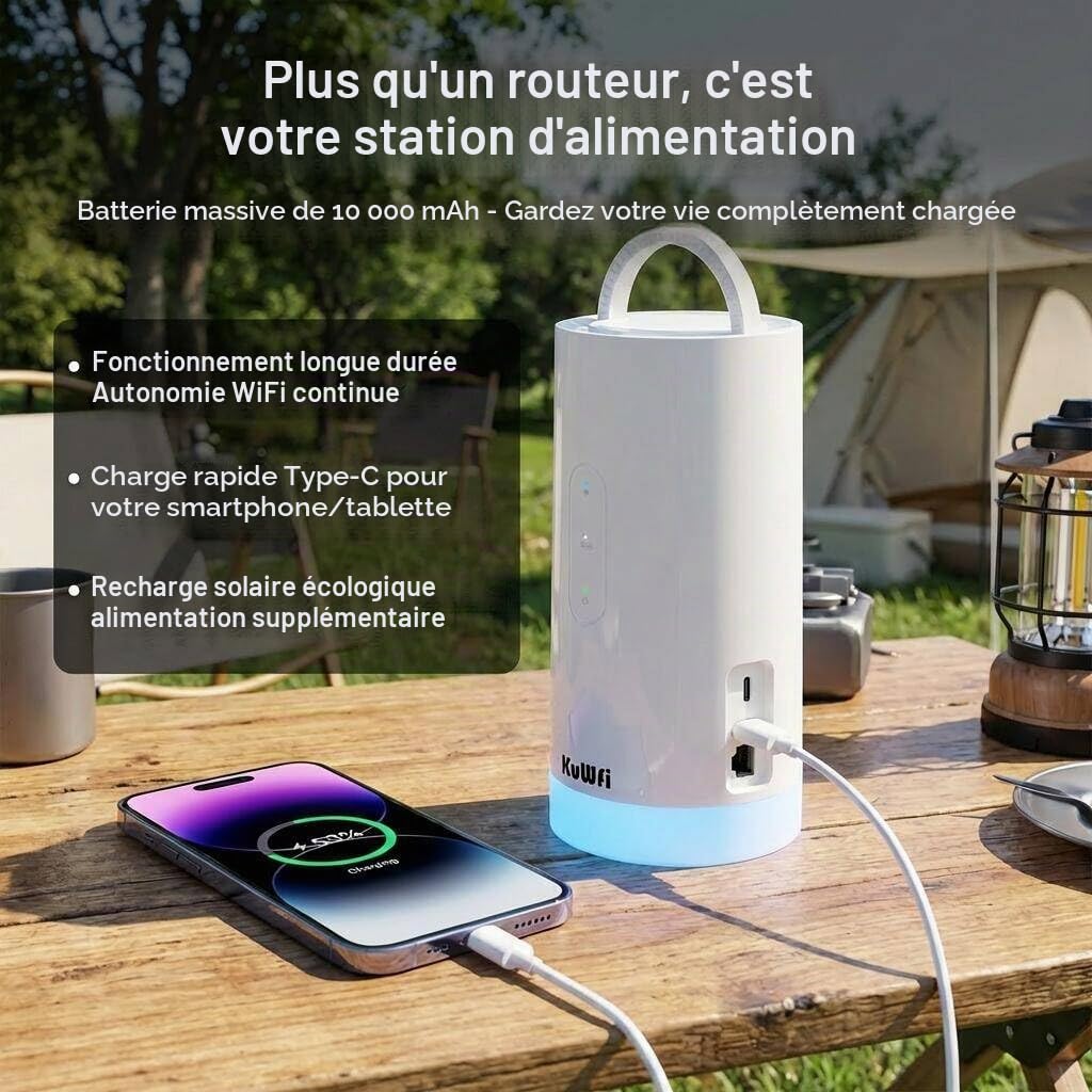 KuWFi Routeur WiFi 4G+ Cat6 AC1200 Double Bande, Emplacement SIM, 10000mAh | Internet haut débit 900 Mbps, ports Ethernet LAN/WAN, connexion portable pour camping-car et camping, avec lampe intégrée