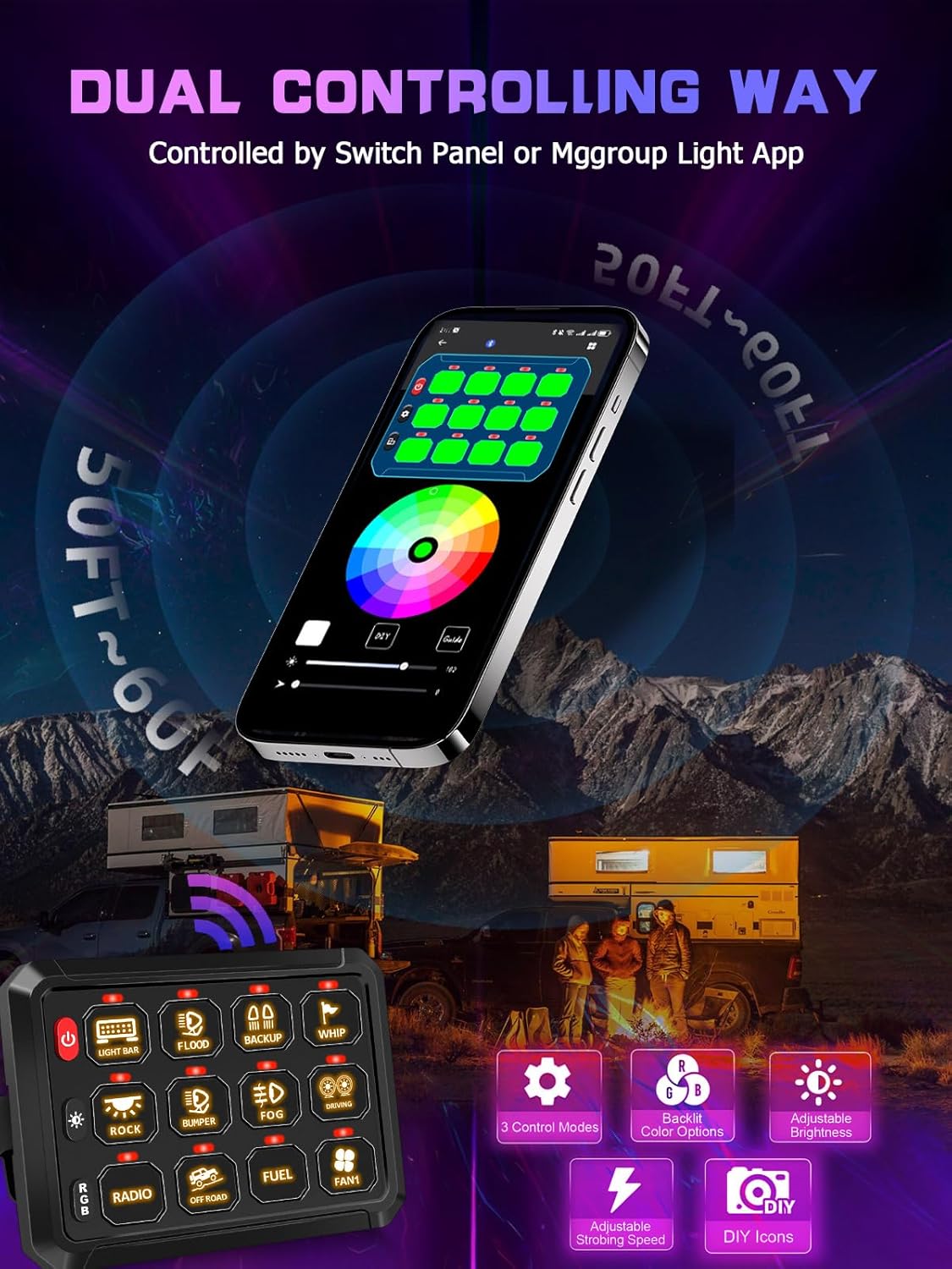 Chelhead 12 Gang Switch Panel APP Control RGB Dimmable Strobe Function Waterproof Control Cuircuit Box 80A Breaker Compatible with Truck SUV Offroad Marine Jeep, 2 Year Warranty