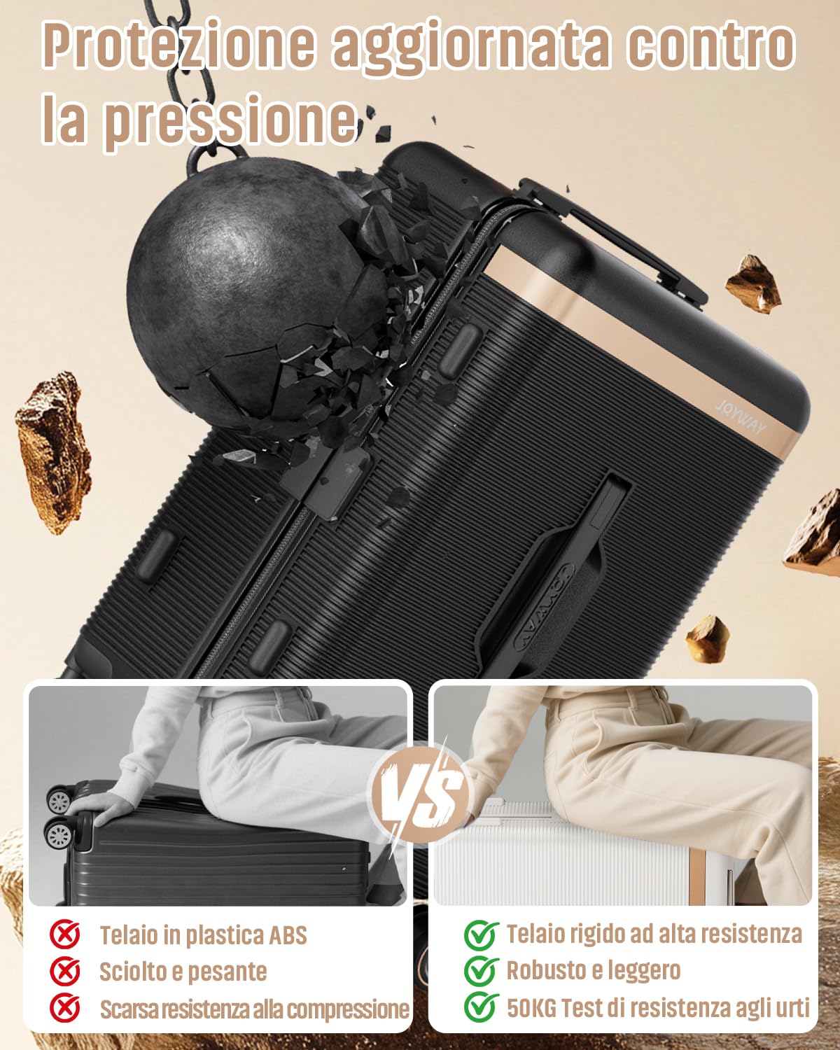 Joyway Valigia Trolley guscio rigido ABS 4 ruote, serratura TSA, Nero | Portabevande integrato, fodera interna rimovibile. Ruote doppie ammortizzanti 360° freno, manico telescopico 3 livelli