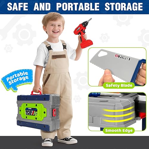 Vista 6 de Juego de banco de herramientas para niños con taladro eléctrico y herramientas realistas, juego de banco de trabajo de construcción para niños Verde