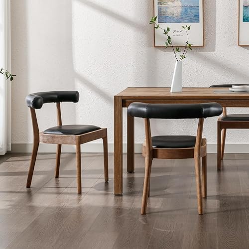 Miniatura 3 de Juego de 2 sillas de comedor negras tapizadas de piel sintética con respaldo abierto, sillas laterales tradicionales de madera para sala de estar,
