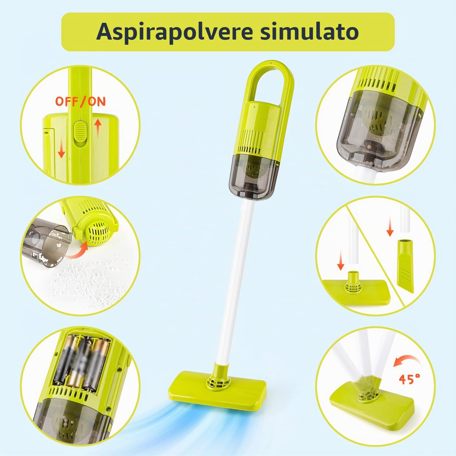 deAO Carrello Pulizie Giocattolo, Set Aspirapolvere per Bambini (Blu) | Secchio, Scopa, Aspirapolvere, Spazzole, Paletta, Spazzola a Mano, Aspirapolvere Funzionante, Gioco di Ruolo, Bordi Lisci