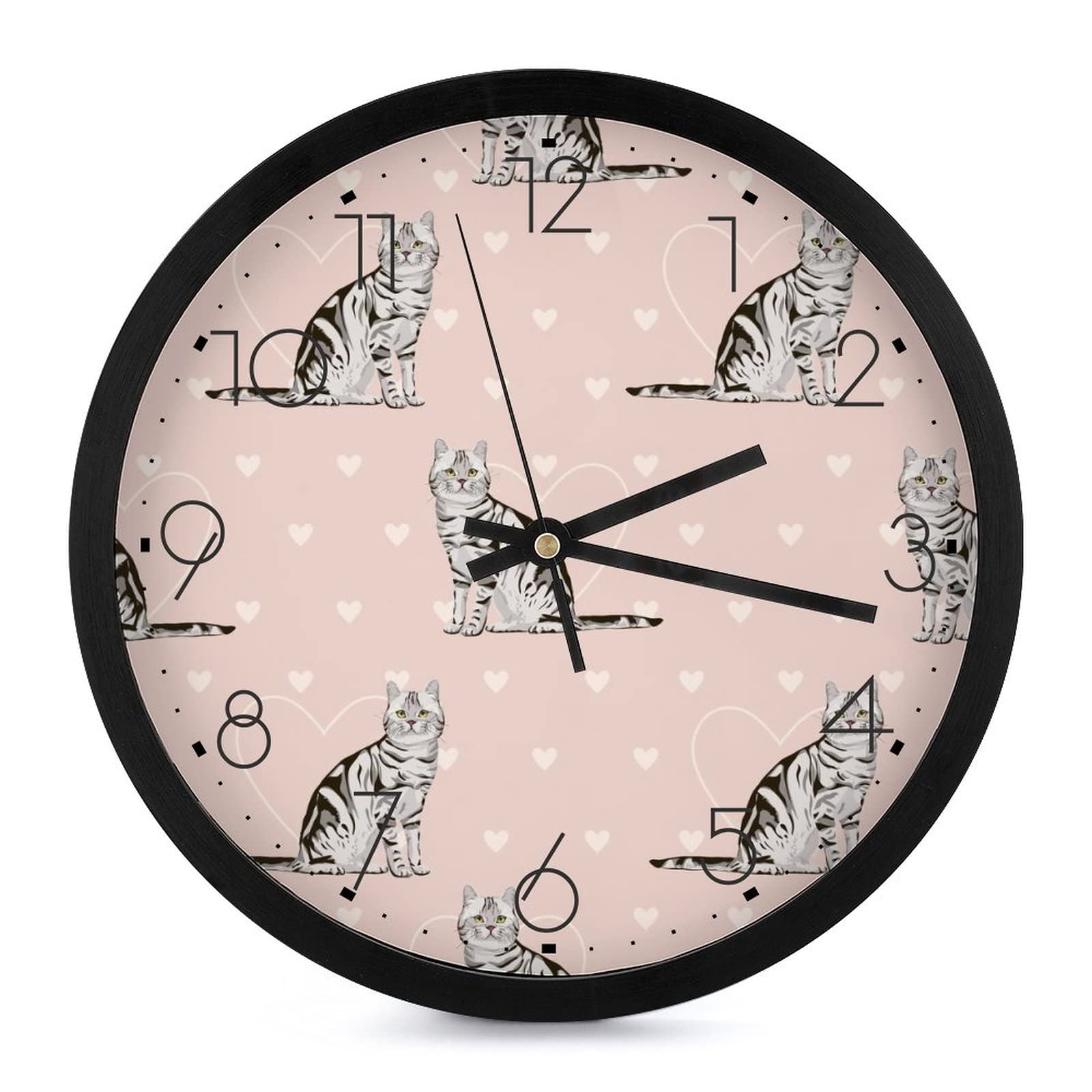 Horloge murale ronde chat gris grands chiffres salon cuisine 25.4cm