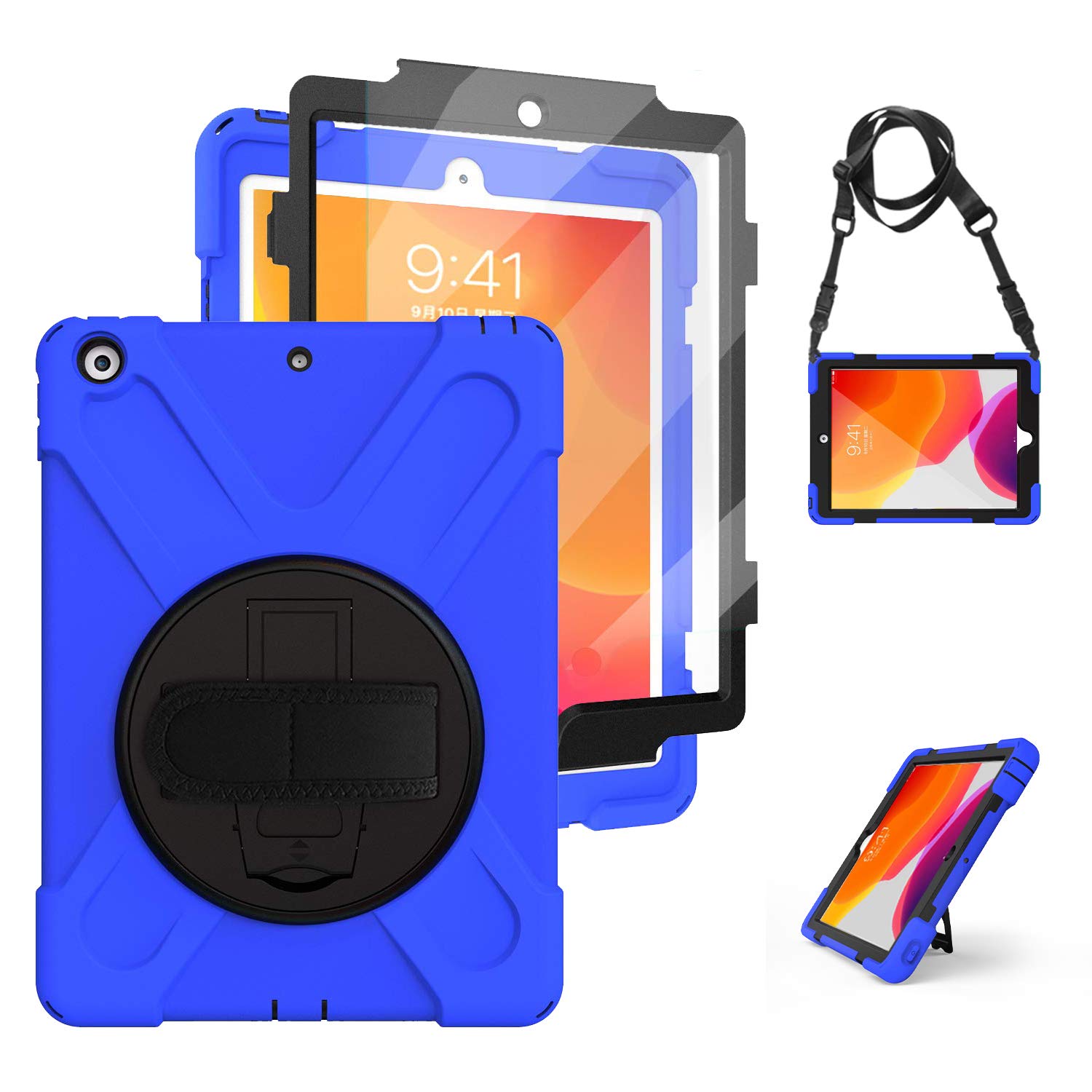 HerizeiPad 9th/7th/8th Gen Case Cover iPad 10.2 Case 2021 2019 2020 [Built-in Screen Protector], 3 Layer Heavy Duty Shockproof Rugged Protective Cover with 360 Stand, Hand Strap & Shoulder Strap Blue
