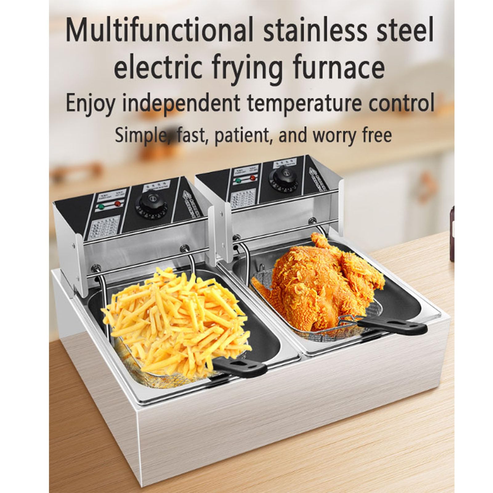 Friggitrice elettrica a Doppia Vasca in Acciaio Inox Friggitrice Commerciale, capacità 2 cestelli 10L X 2 Friggitrice elettrica da banco per Uso Domestico e per ristoranti