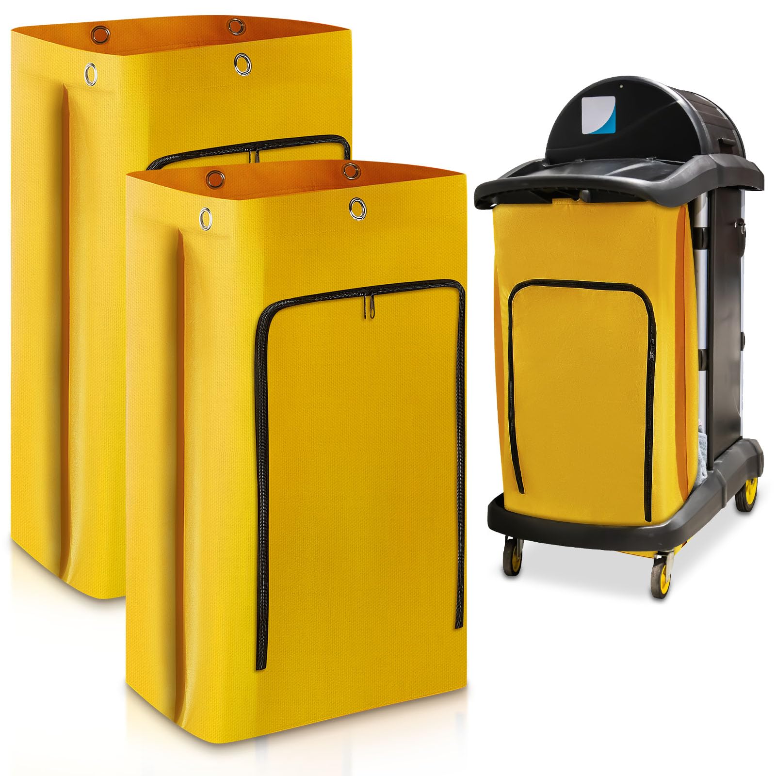 Meanplan 2 Pack Cleaning Cart Bag Zippered Front Replacement Janitorial Cart Thick Bag Large Capacity Commercial Cleaning Bags for Housekeeping Carts, Yellow (33 x 16.8 x 10.5 Inch)