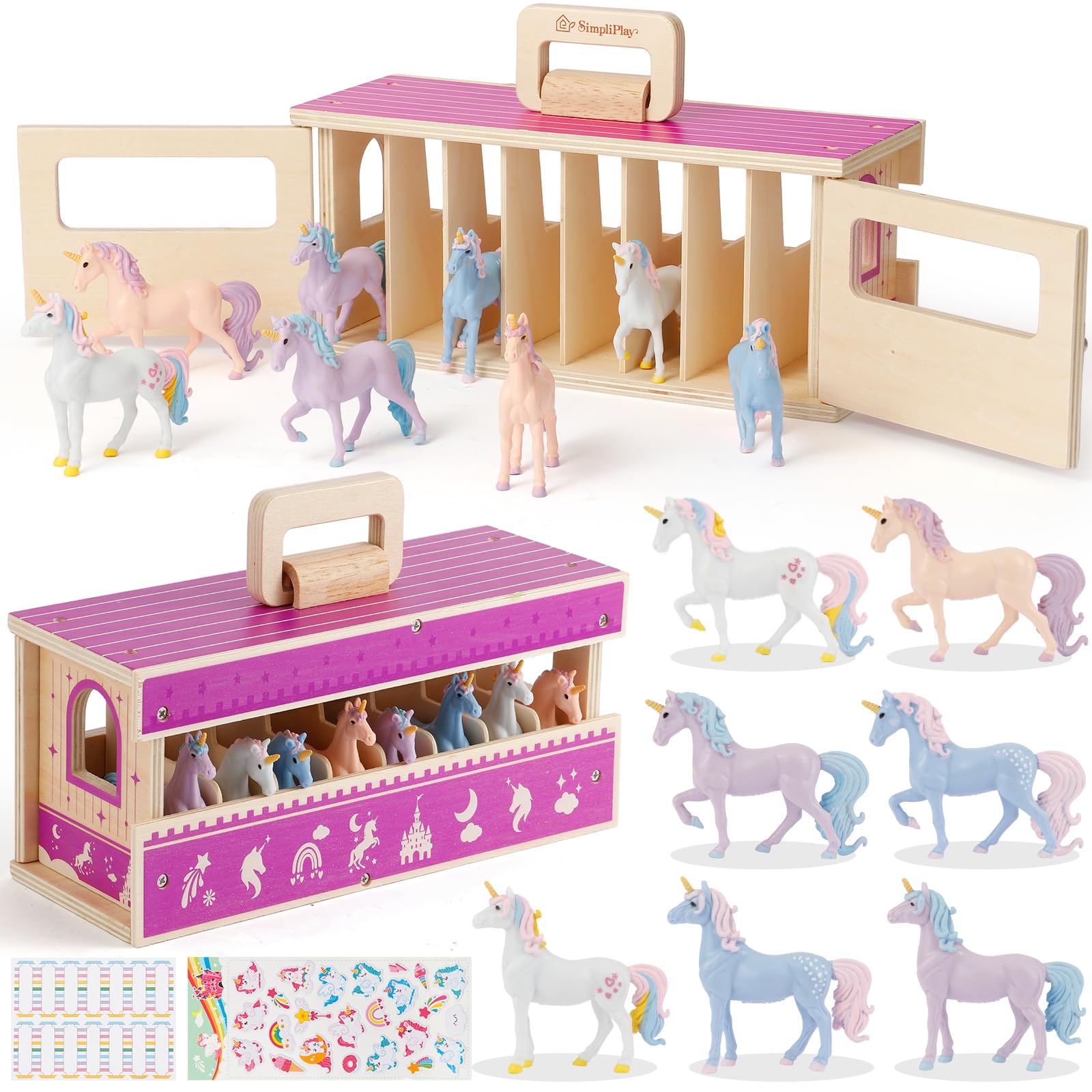 SIMPLIPLAY Unicorn Toys with Carrying Wooden Horse Stable Playset, Stickers