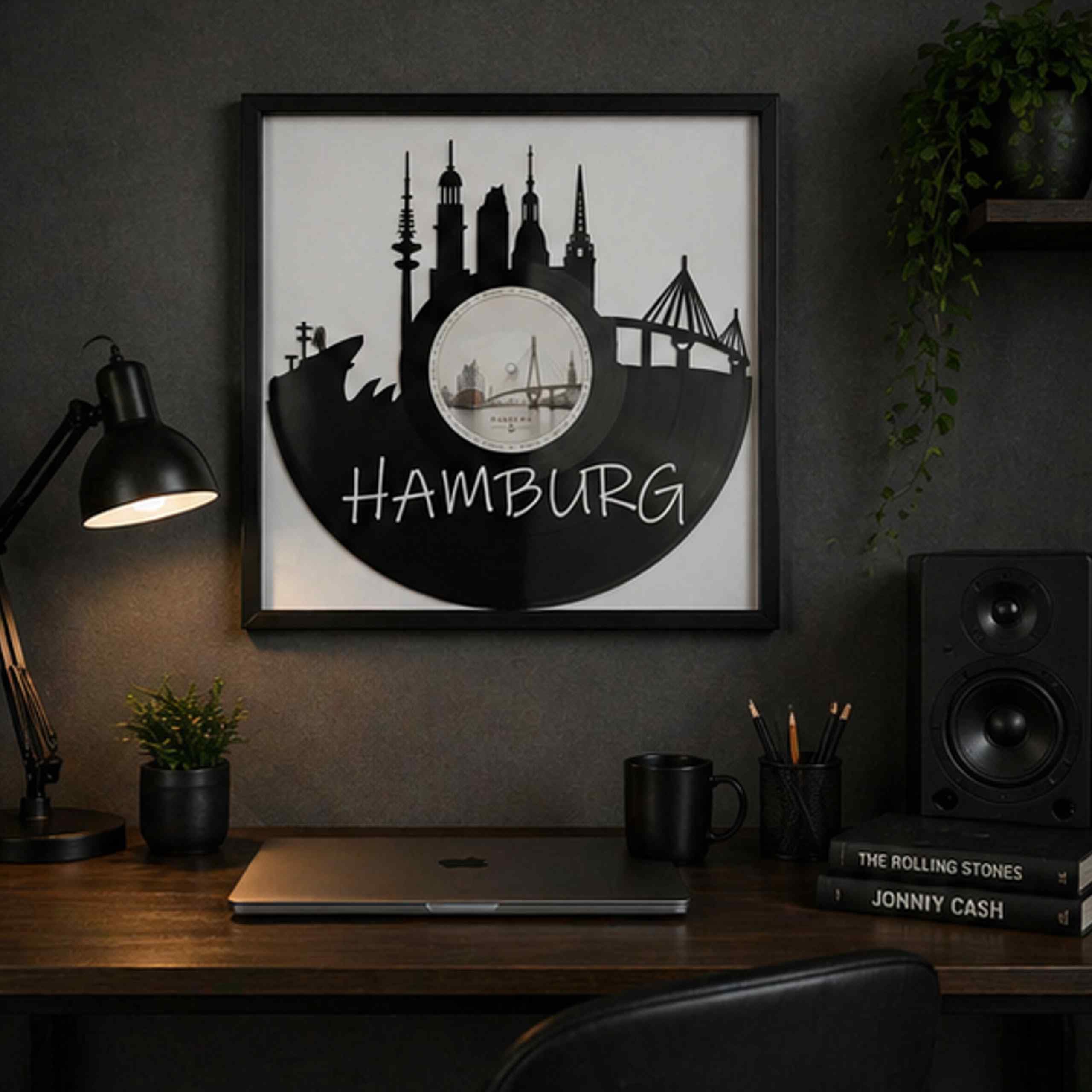EVEVO Dekoracja ścienna z płyty gramofonowej w ramie 32 x 32 cm Hamburg – winylowa sztuka ścienna, prezent dla fanów Hamburga i podróżników