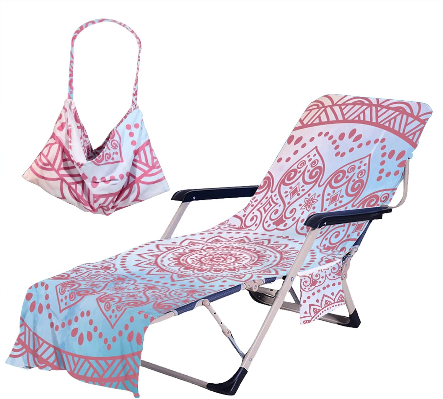 Beach Chair Cover with Side Pockets Thick and Quick Dry Chaise Lounge Chair Towel Cover for Sun Lounger Pool Sunbathing Garden Beach Hotel No Sliding (Mandala)
