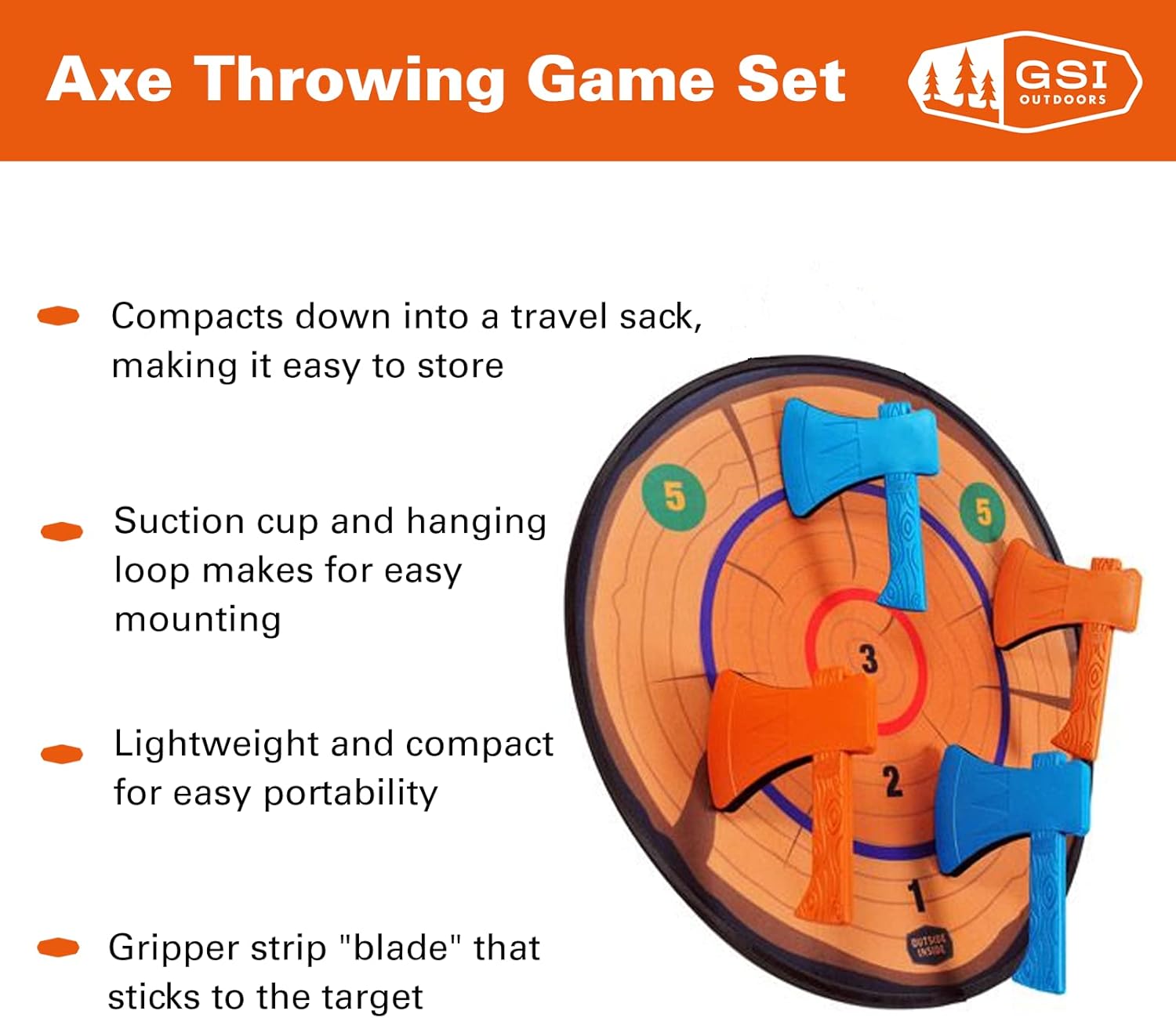 Outside Inside GSI Outdoors, Foam Axe Throwing Game Set for Home, Camping and Travel, Indoor & Outdoor Target Game, Orange, Foam Axe Throwing Game