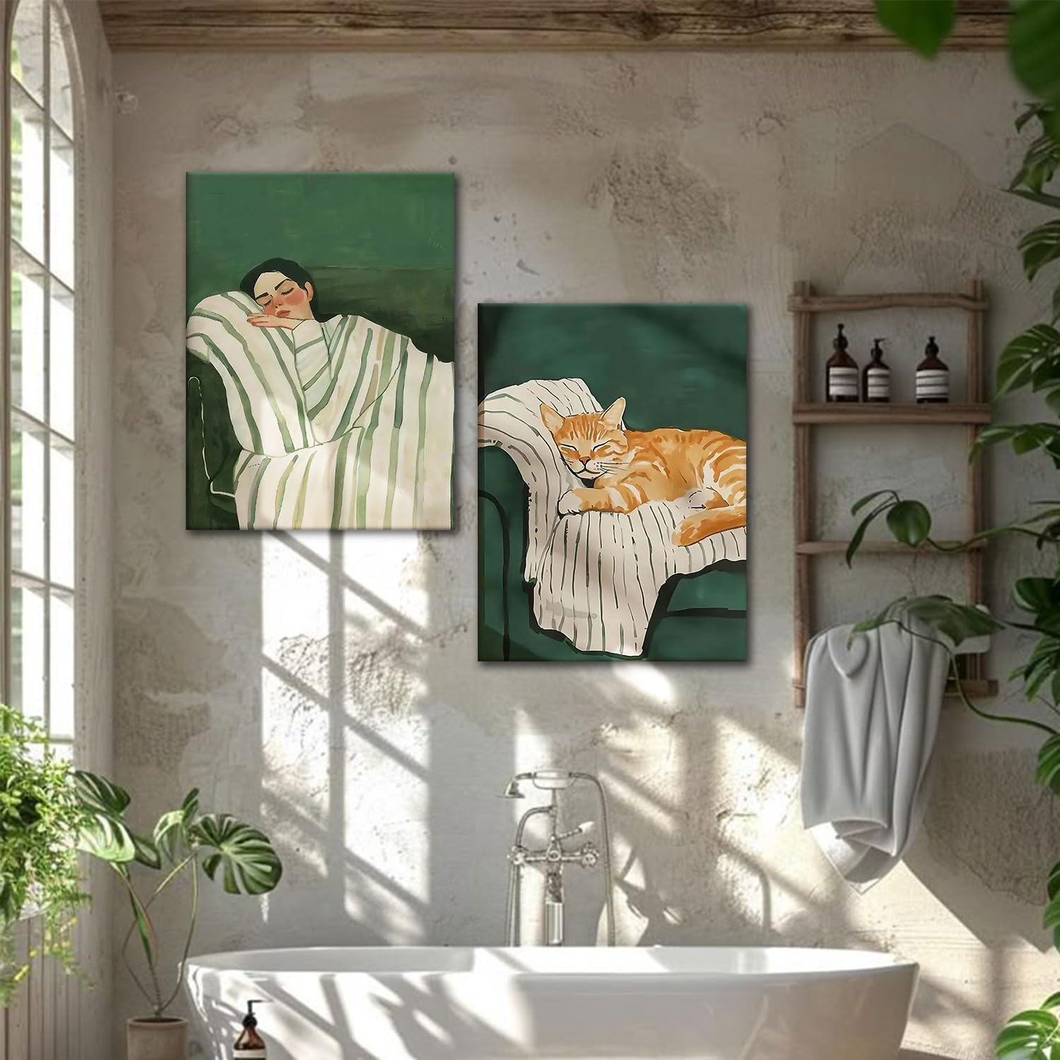 Kdyudo 2 pcs Canvas Framed Wall Art Set with Sleeping Woman and Cat on Sofa Cute Pet Image Print Artwork Emerald Green Striped Painting Poster Suitable for Living Room Bedroom Wall Decor 12x16 inch