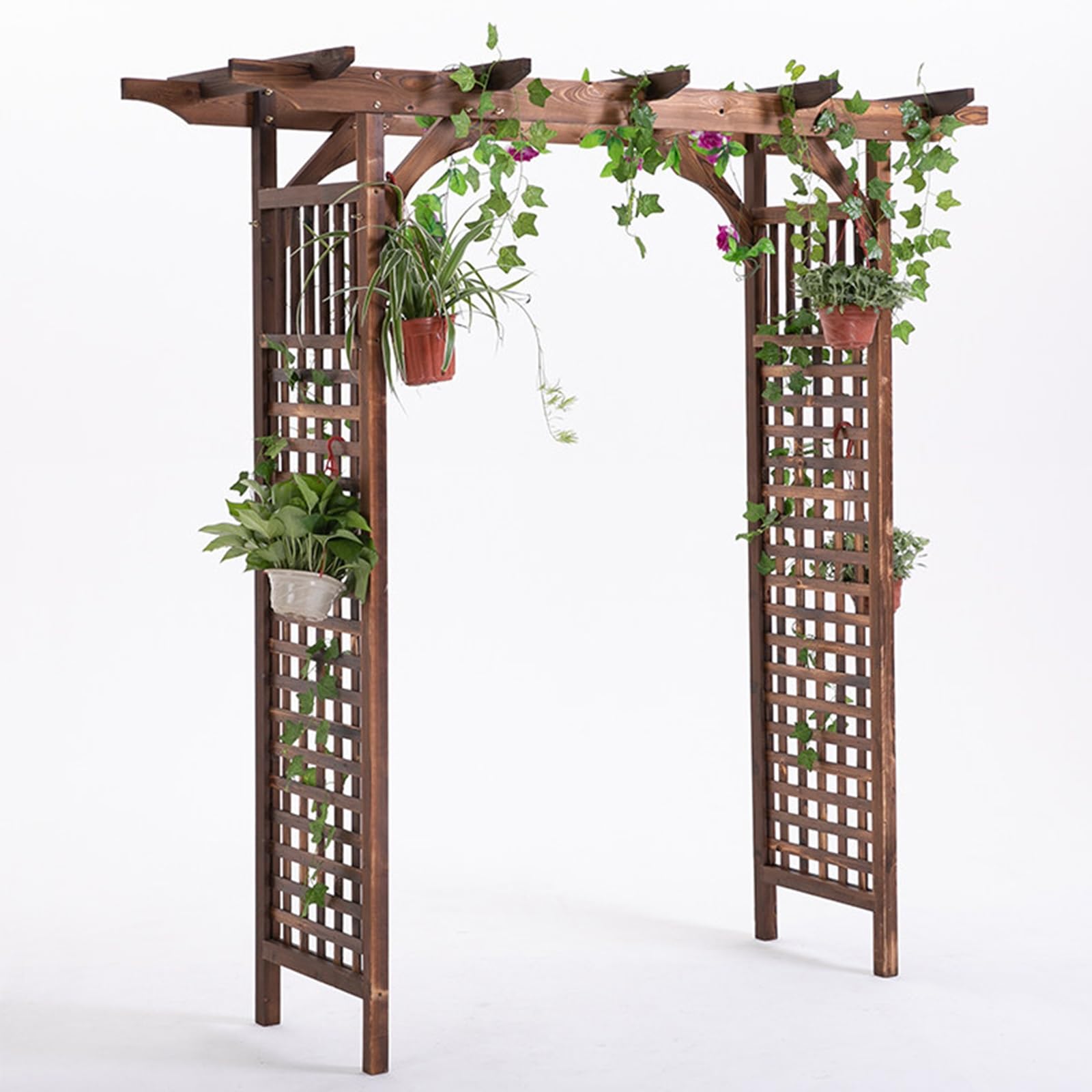 Karbonizowany drewniany łuk ogrodowy z kratą, altana pergola do roślin pnących, idealna do róż, dekoracji ogrodu i ulepszeń patio