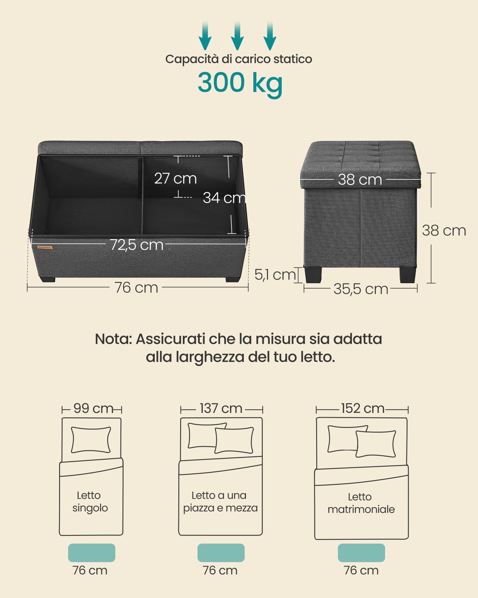 SONGMICS Cassapanca con Gambe, Pouf Contenitore Pieghevole con Coperchio Ribaltabile, Piedi Letto, Soggiorno Camera da Letto Ingresso, Tessuto Effetto Lino, 76 cm, Grigio Ardesia LSF049GN01
