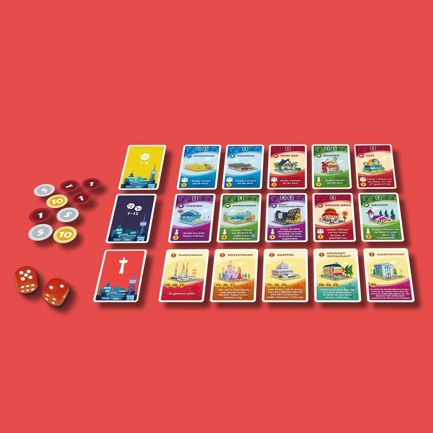 Kosmos 683344 Machi Koro - The New City, Quick Assembly - Lots of Fun, Compact Game with Cards and Dice, for 2 to 4 People, from 8 Years, Board Game