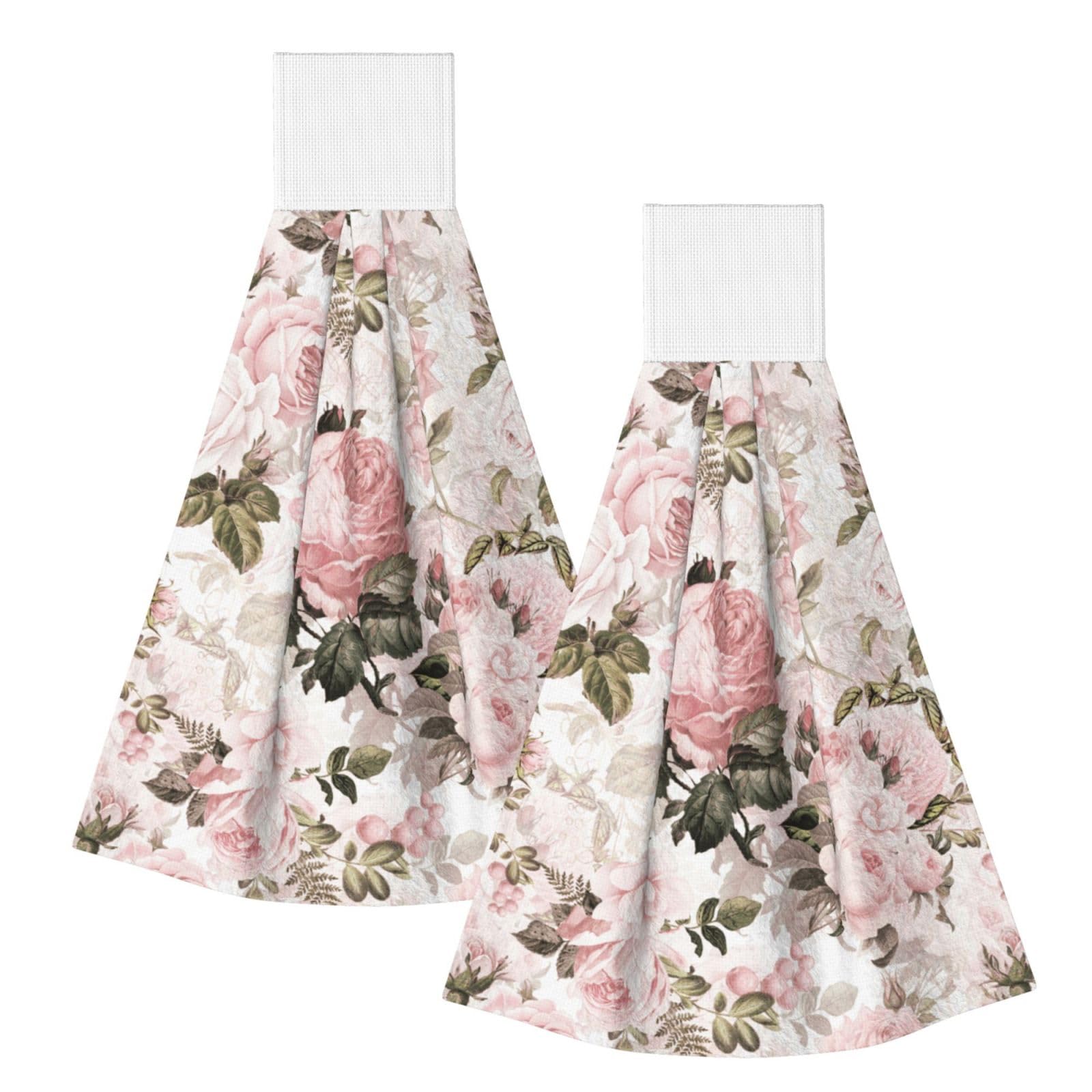 DOPKLNA Vintage Shabby Chic Sepia Pink Roses, 2 Pcs Hanging Coral Fiber Hand Towels for Bathroom, Absorbent Kitchen Towels