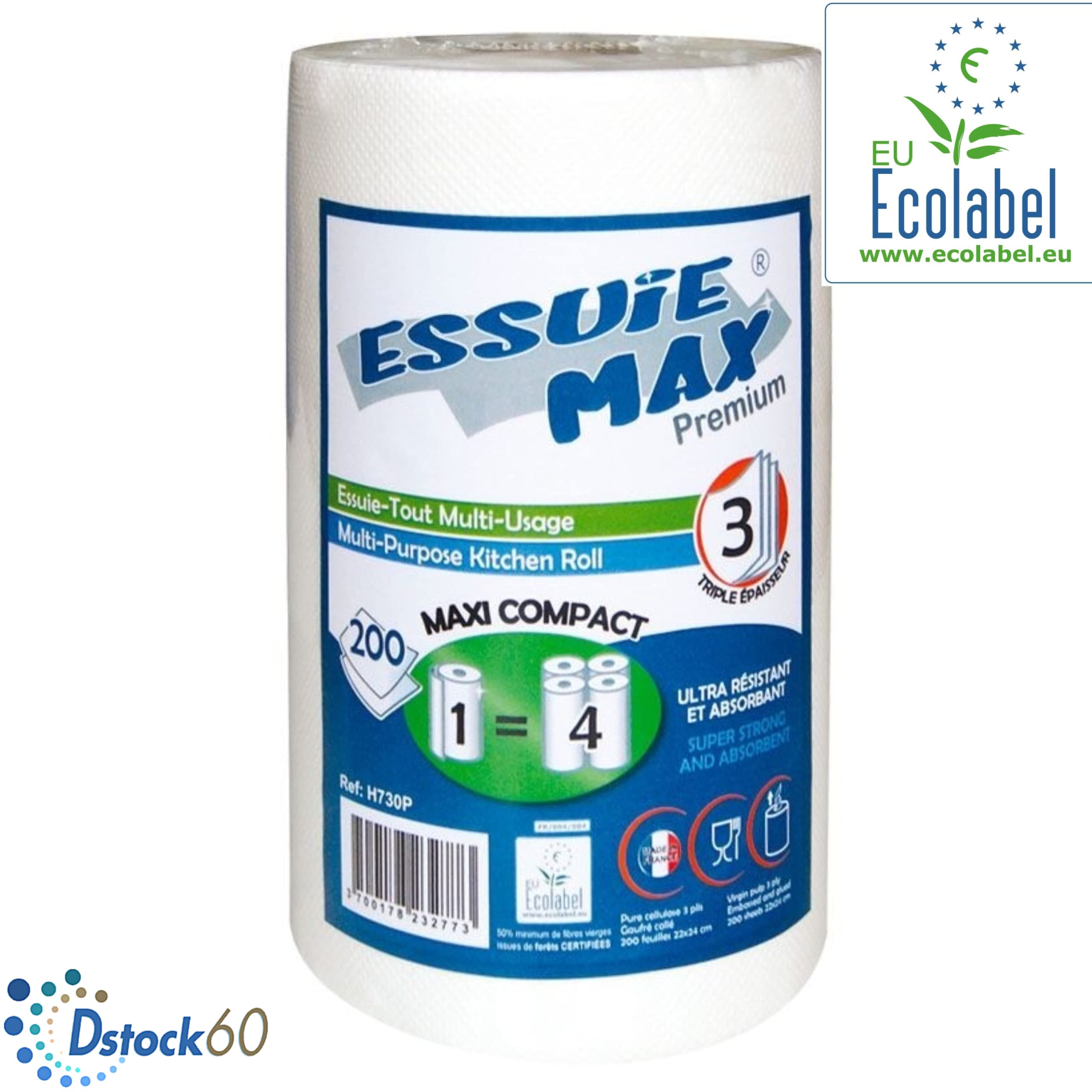 DSTOCK60 - Lot de 12 bobines essuie-tout multi usage maxi compact - 1 Rouleau=4 rouleaux - Bobine essuie main gaufre devidage central - 3 plis pure ouate - Qualité premium - Agréés contact alimentaire