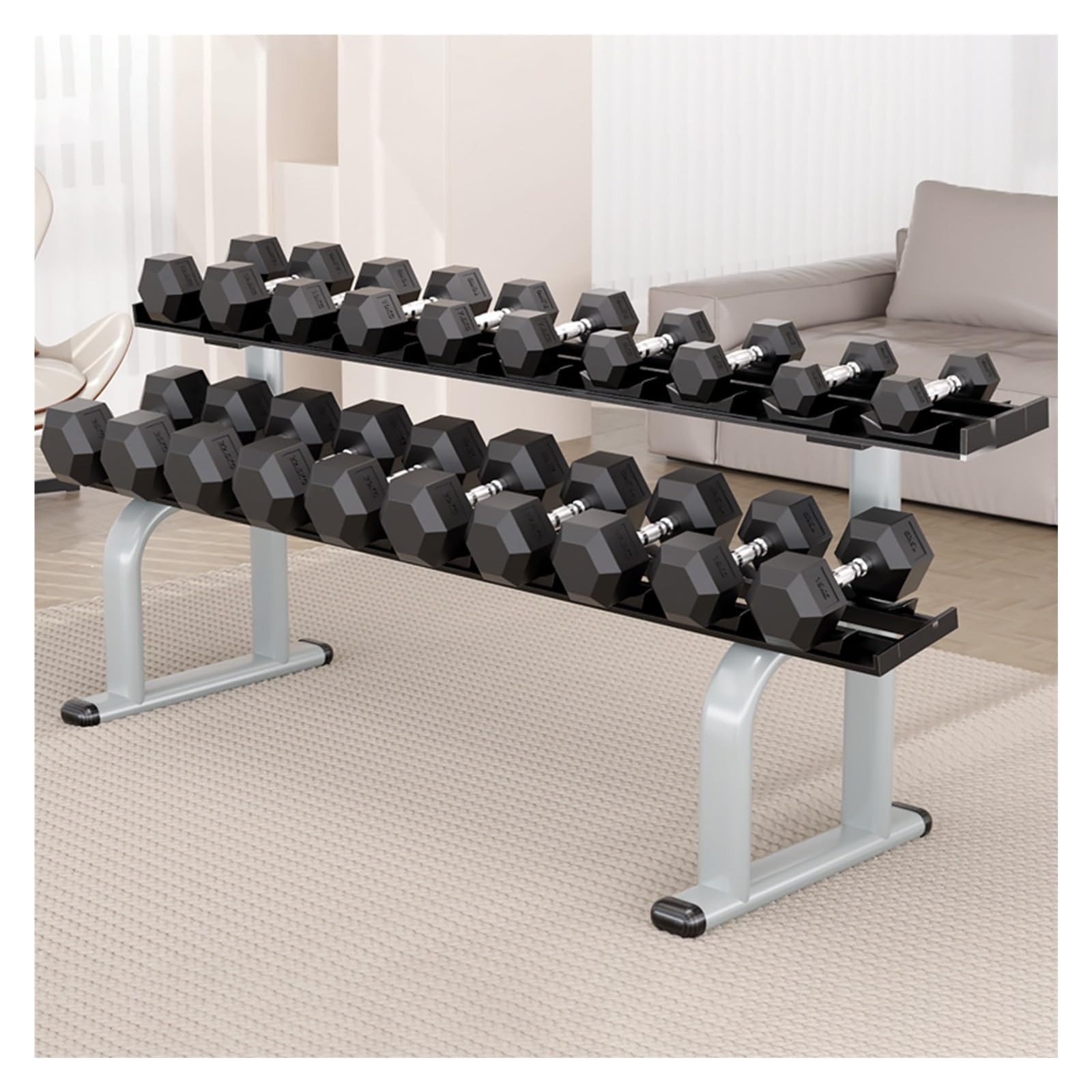 Hex Dumbbell Set 75 kg-290 kg Rubber Encased Hex Dumbbell Weight Set with Two-Tier Storage Rack for Home