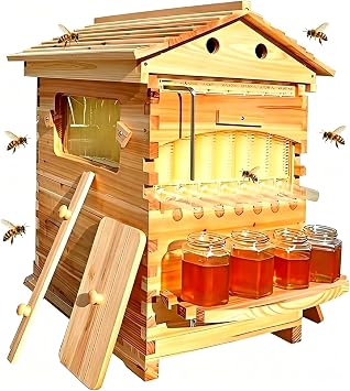 Automatic Wooden Beehive Starter Kit - 7 Honey Frames, Beehive for Beekeeping, Wooden Beehive for Automatic Honey Extraction, Complete Beekeeping Equipment