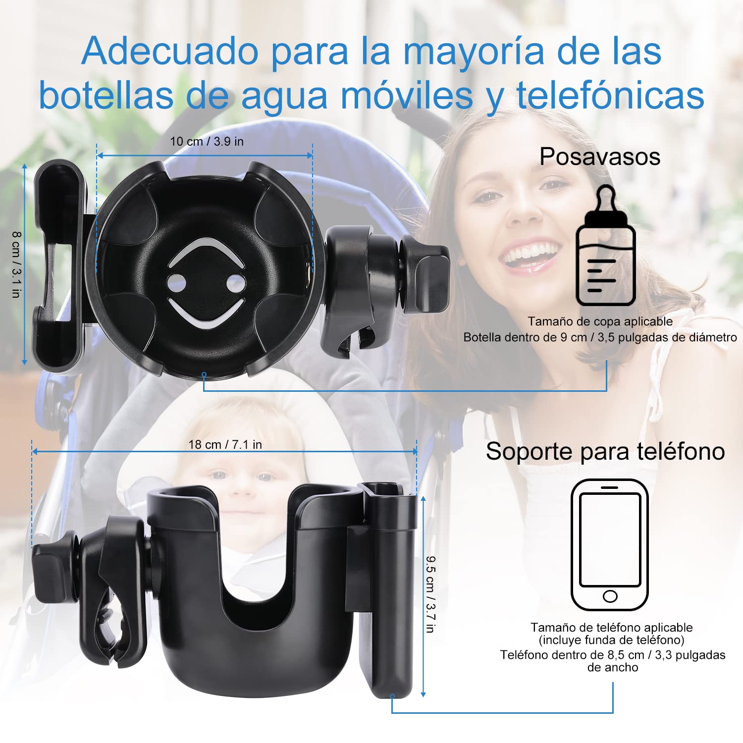 supregear Soporte Universal 2 en 1 para Taza y Teléfono, Rotación 360° Compatible con Taza de Padre, Botella de Agua, Cochecito, Andador y Bicicleta, Negro Sin Herramientas