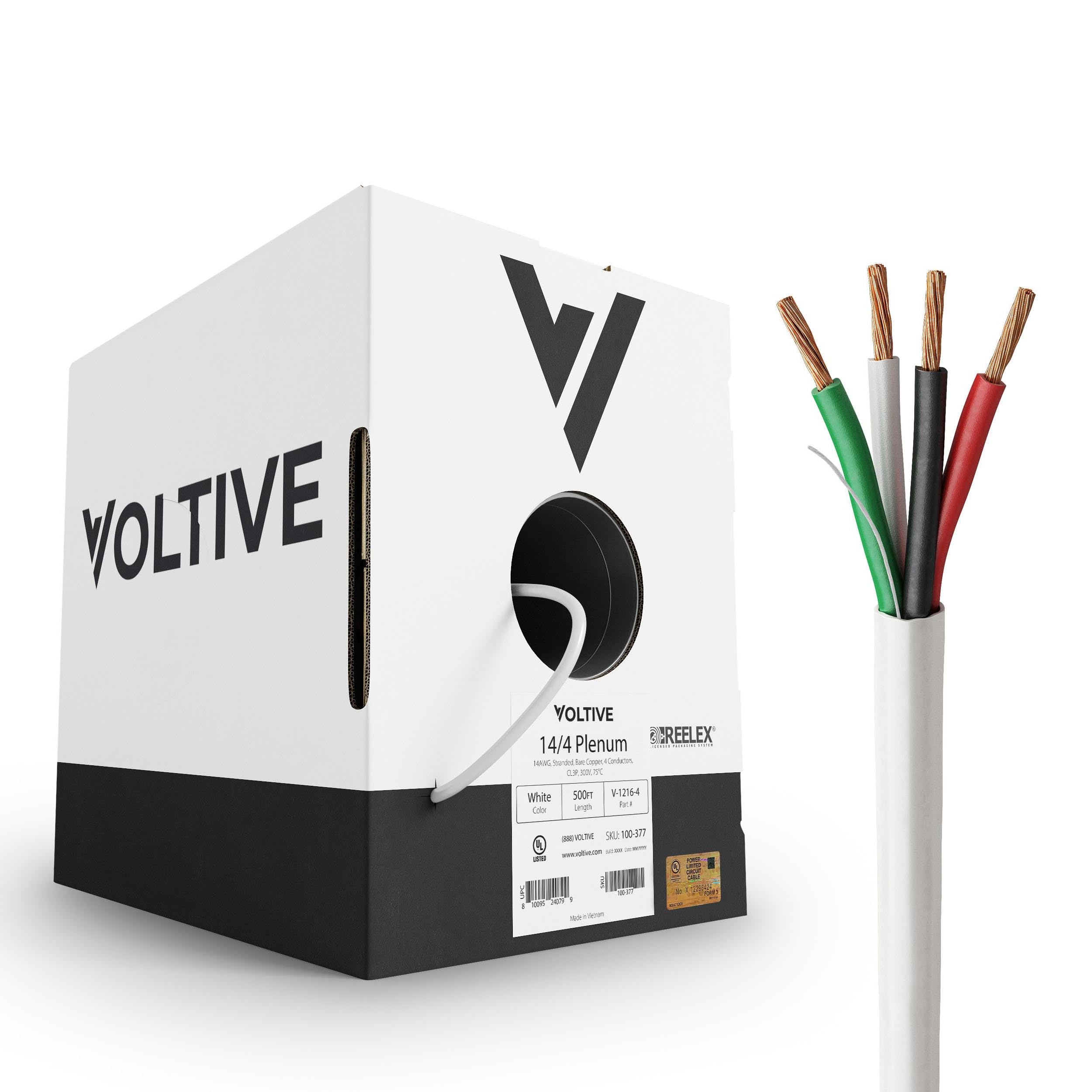 Voltive 14/4 Plenum Speaker Wire - 14 AWG/Gauge 4 Conductor - UL Listed Plenum Rated (CL2P/CL3P/CMP) - Oxygen-Free Copper (OFC) - 500 Foot Bulk Cable Pull Box - White