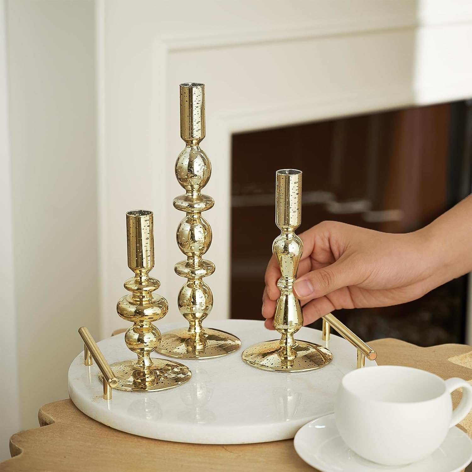 DN DECONATION Glass Candle Holder Set of 3, Mercury Gold Candlesticks Holders Candles Holder Home Decor Aesthetic for Table Centerpiece Wedding Decorations Housewarming Gift Living Room