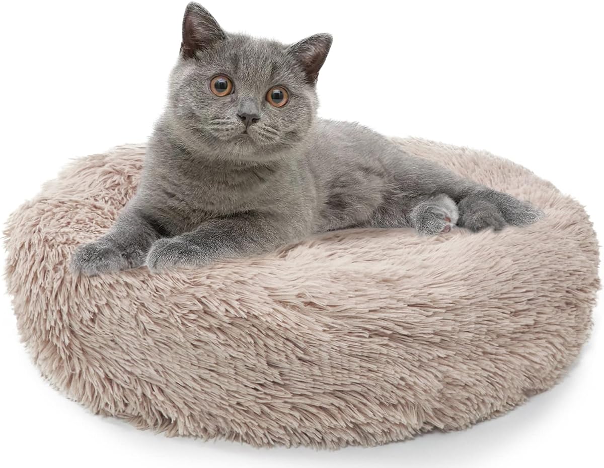 Enjamoy Plush Donut Dog Bed, Calming Round Dog Cat Bed Soft and Fluffy Cuddler Pet Cushion Self-Warming Puppy Beds Machine Washable, Brown 50cm