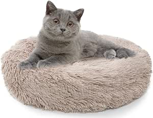 Enjamoy Plush Donut Dog Bed, Calming Round Dog Cat Bed Soft and Fluffy Cuddler Pet Cushion Self-Warming Puppy Beds Machine Washable, Brown 50cm