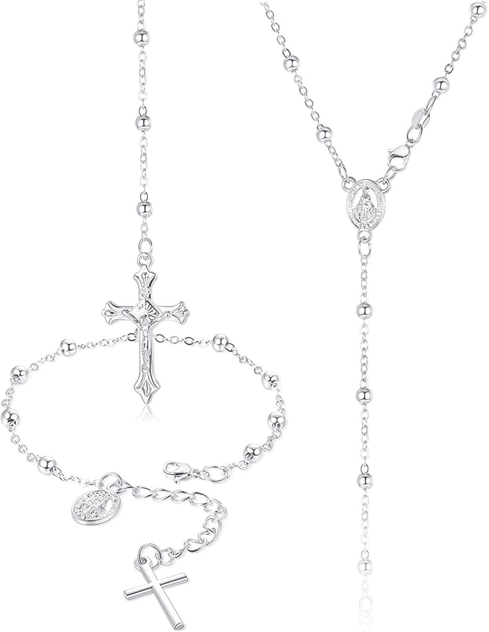 CASSIECAWomen's Silver Chain 925 Sterling Silver Rosary Necklace Bracelet Religious Jewellery Set Cross Chain Mary Madonna Cross Chain Pendant Link Chain Y Chain, Sterling Silver Brass, Pearl