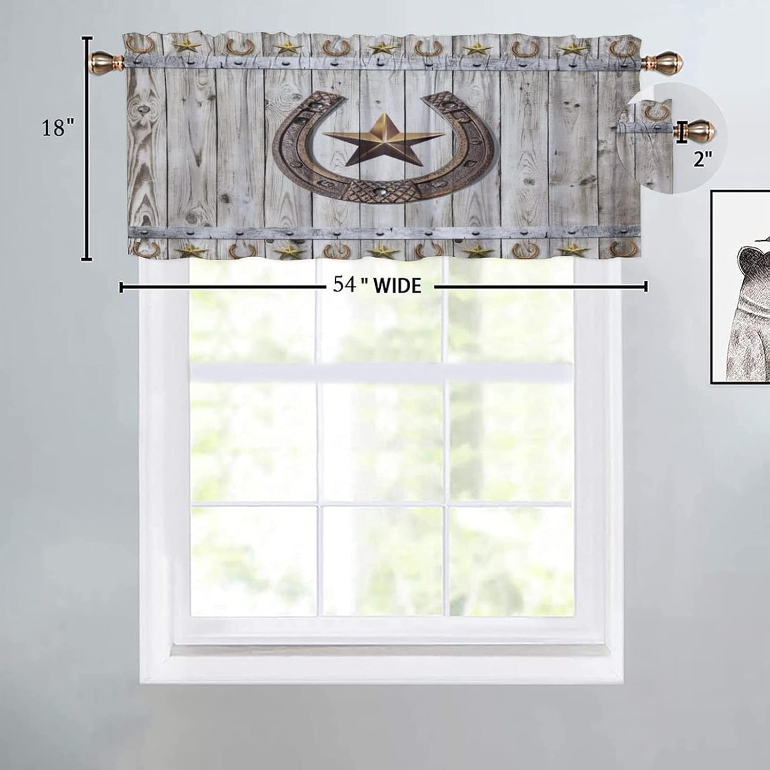 Rustic Cowboy Texas Star Horseshoes Blackout Curtain Valances,Vintage Wooden Country Farmhouse Western Energy Efficient Rod Pocket Curtain Window Valances for Kitchen Windows 54x18inch（2Pcs）