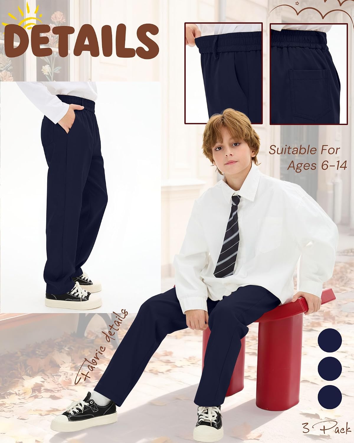 3 Pack Boys' School Uniform Pants 6-14Y Elastic Waist Stretch Boys Dress Pants with Pockets Straight Fit for Youth