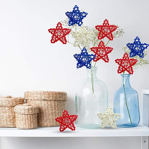 Vista 4 de EBaokuup 36 estrellas de ratán natural del 4 de julio, estrellas de ratán de mimbre de 1.96 pulgadas, color rojo, blanco y azul, para decoración