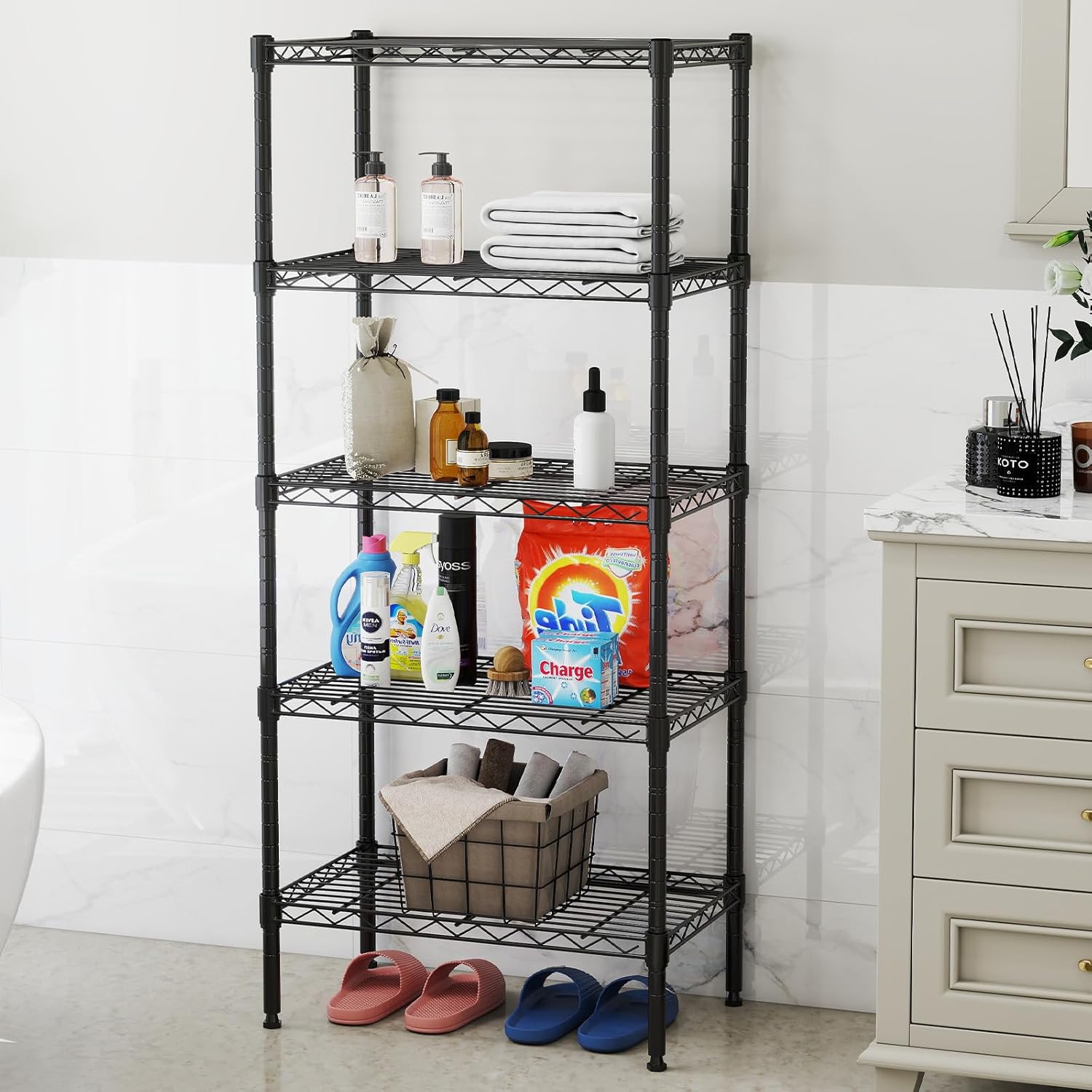 DUMOS 5-Tier Metal Wire Storage Shelves, Adjustable Standing Storage Rack Shelf, Heavy Duty Steel Shelving Unit Organizers for Kitchen Bathroom Pantry Garage, 23.1" W×13.4" D×59.5" H, Black - Image 8