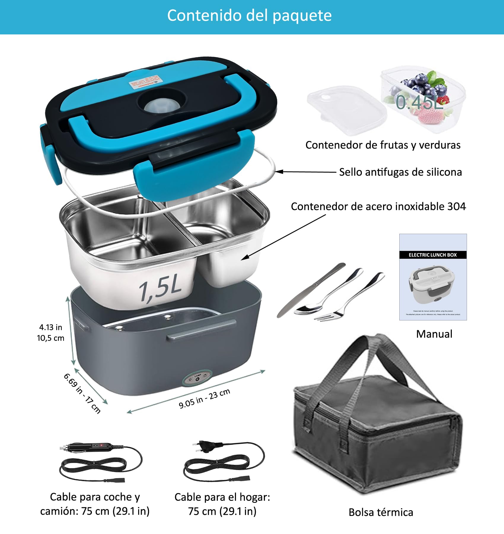 Fiambrera eléctrica portátil profesional elegante 80W 12V/24V/220V Multifunción coche camión oficina Calienta comida rápido Taper Contenedor dividido Acero inoxidable 1,5L Negra azul-claro