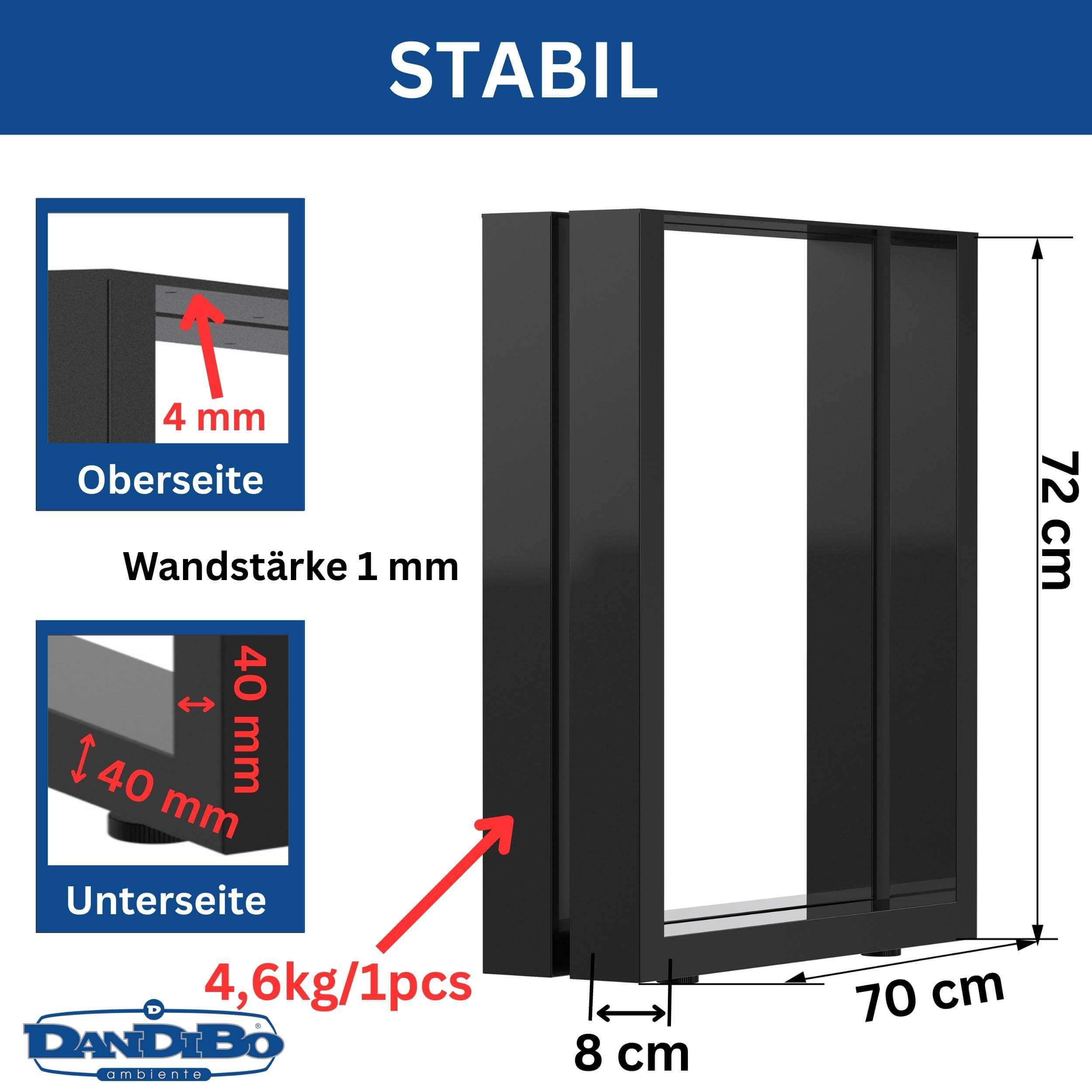 DanDiBo 2 x nogi stołu, metalowe, czarne, 72 x 70 cm, stelaż stołu z regulacją wysokości 96661, nogi do mebli, płozy do stołu jadalnego (72 x 70 cm)