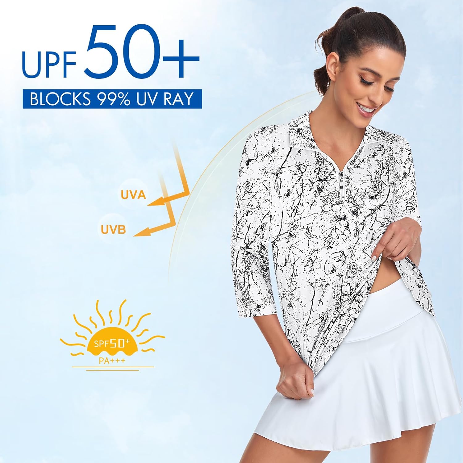 Tanst Sky Womens Golf Polo Shirts Zipper 3/4 Sleeve Moisture Wicking Tops UPF 50+ Workout Tennis Apparel - Image 4