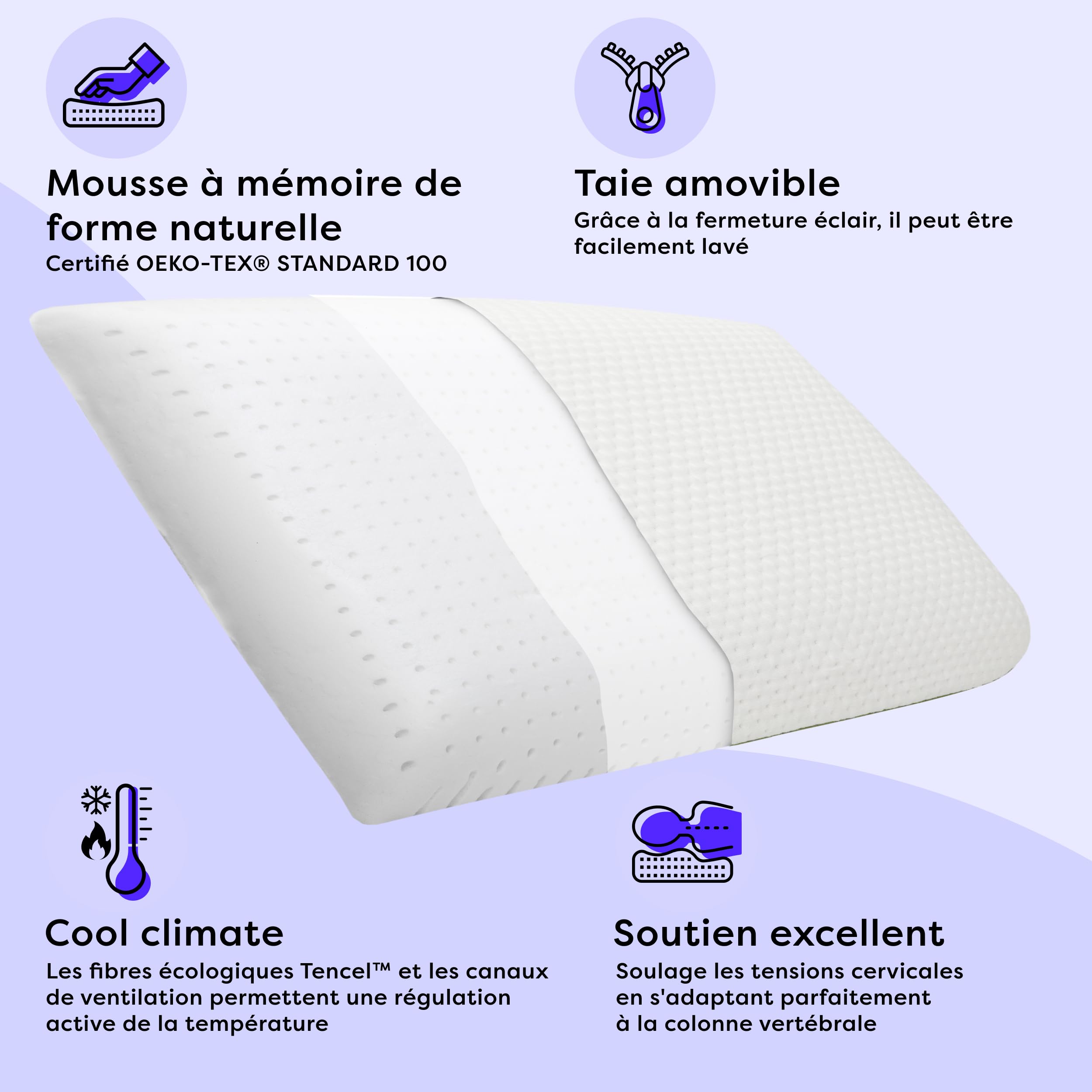 Wolkenfeld Oreiller Memoire Forme pour Enfants dès 2 Ans 50x30x5 cm – Oreiller Ergonomique, Doux et Respirant pour Un Sommeil Sûr – Certifié Oeko-TEX – Housse en Fibre Tencel Hypoallergénique