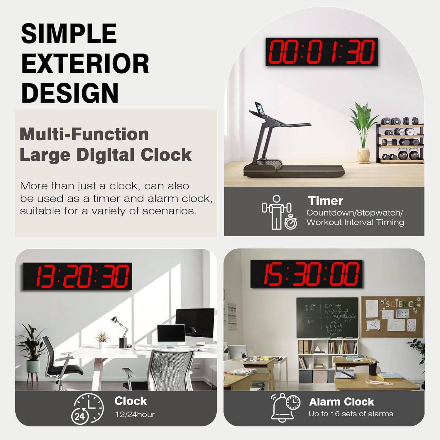 Digital Wall Clock with Large Display, 28.4‘’LED 6-Digit Large Clock with Adjustable Brightness, Multifunction Gym Clock with Countdown,Stopwatch and Workout Interval Timing (Red)