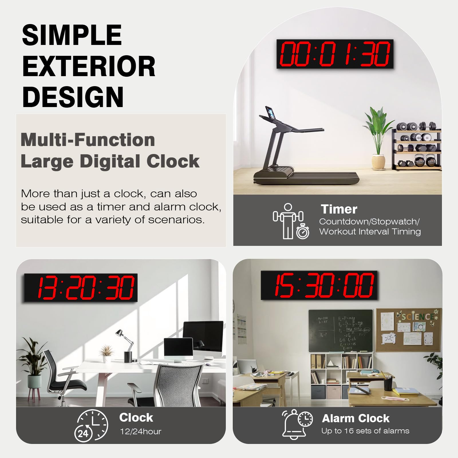 CHKOSDA Horloge murale numérique avec grand écran, 71,1 cm, LED à 6 chiffres avec luminosité réglable, horloge multifonction avec compte à rebours, chronomètre et intervalle d'entraînement (rouge)
