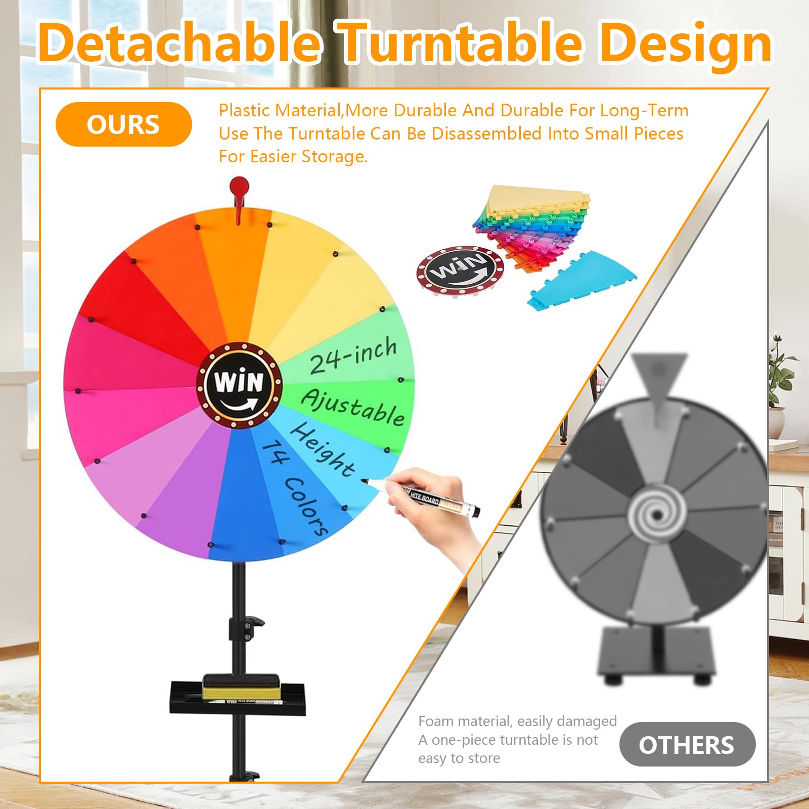 Roue de Fortune 61cm avec Trépied, Roue de Prix 14 Grilles, Hauteur Réglable 100-160 cm, avec Stylo Effaçable, Gomme et Pointeur, Prize Wheel pour Fêtes, Loterie et Activités